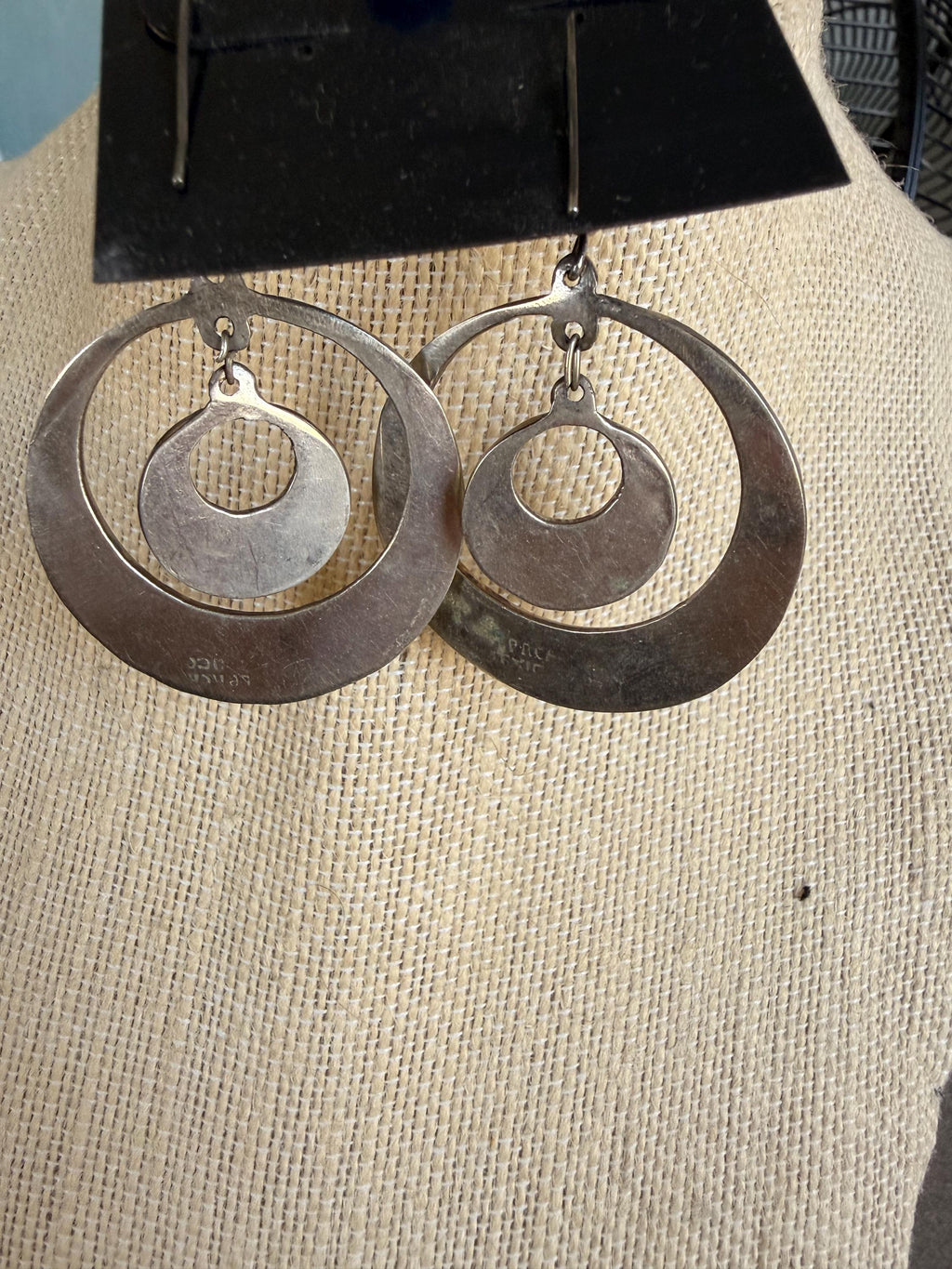 Large Mexican Alpaca Silver and Inlay Abalone in White Enamel  Hoop Earrings