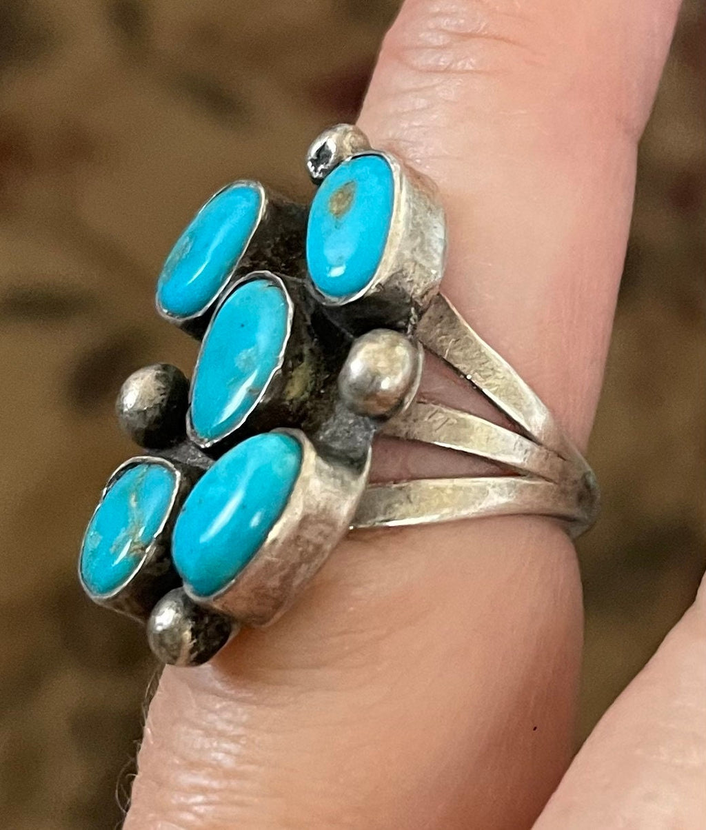 Vintage Native American Multi Stone Turquoise Sterling Silver Ring Size 7