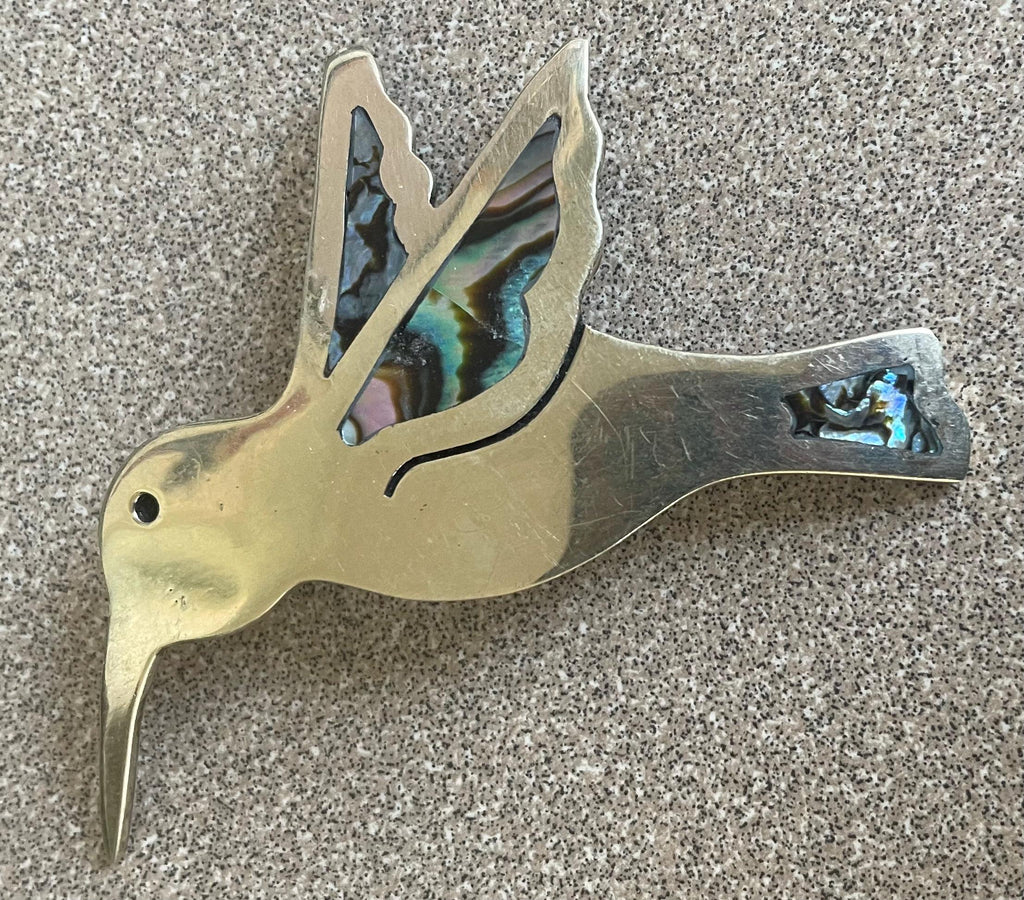 Beautiful Colorful Taxco Abalone and Alpaca Silver Hummingbird Brooch Pin