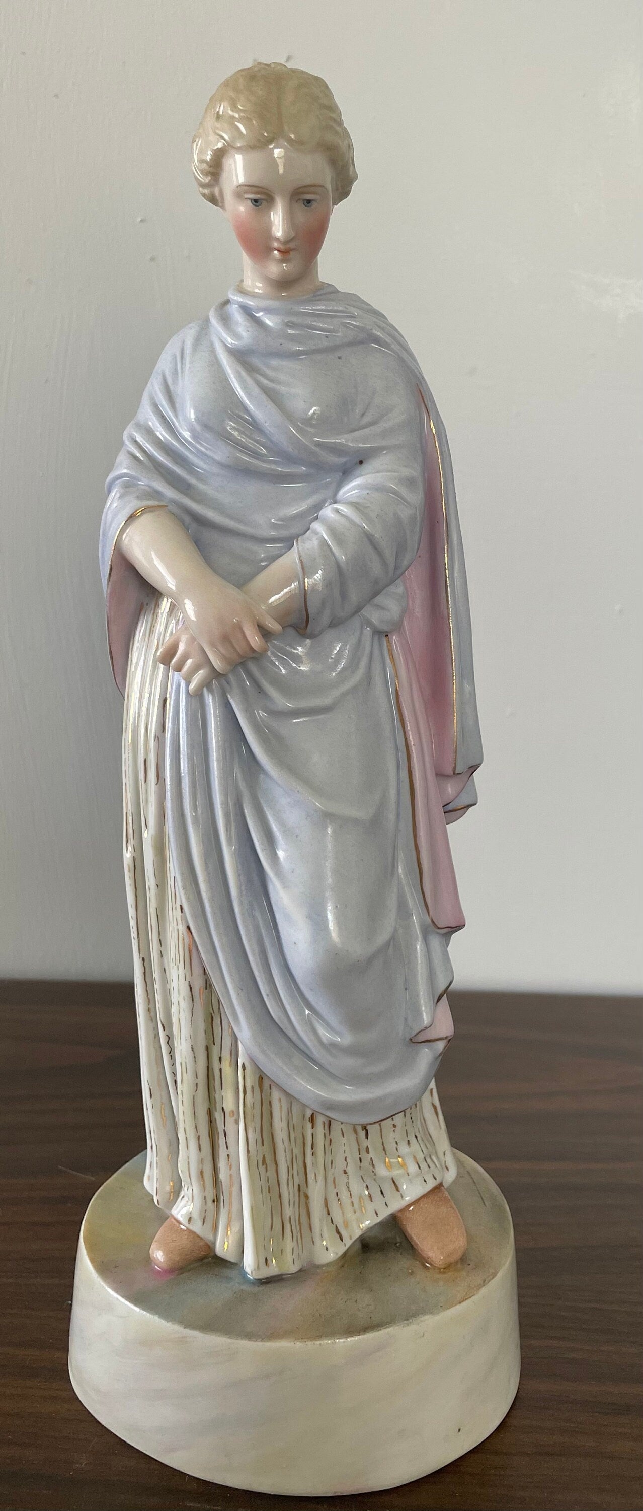 Antique Marked Meissen German Hand Painted Graceful Victorian Lady with Gold Dress Cross Swords