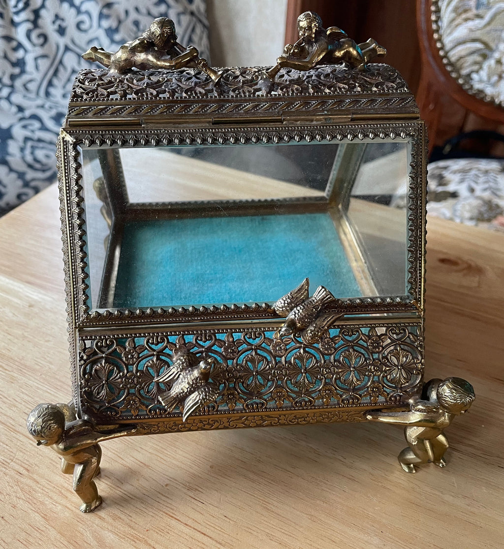 Beautiful Ornate Gold Gilt Ormolu Vanity Casket Jewelry Box w Cherubs and Birds