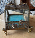 Beautiful Ornate Gold Gilt Ormolu Vanity Casket Jewelry Box w Cherubs and Birds