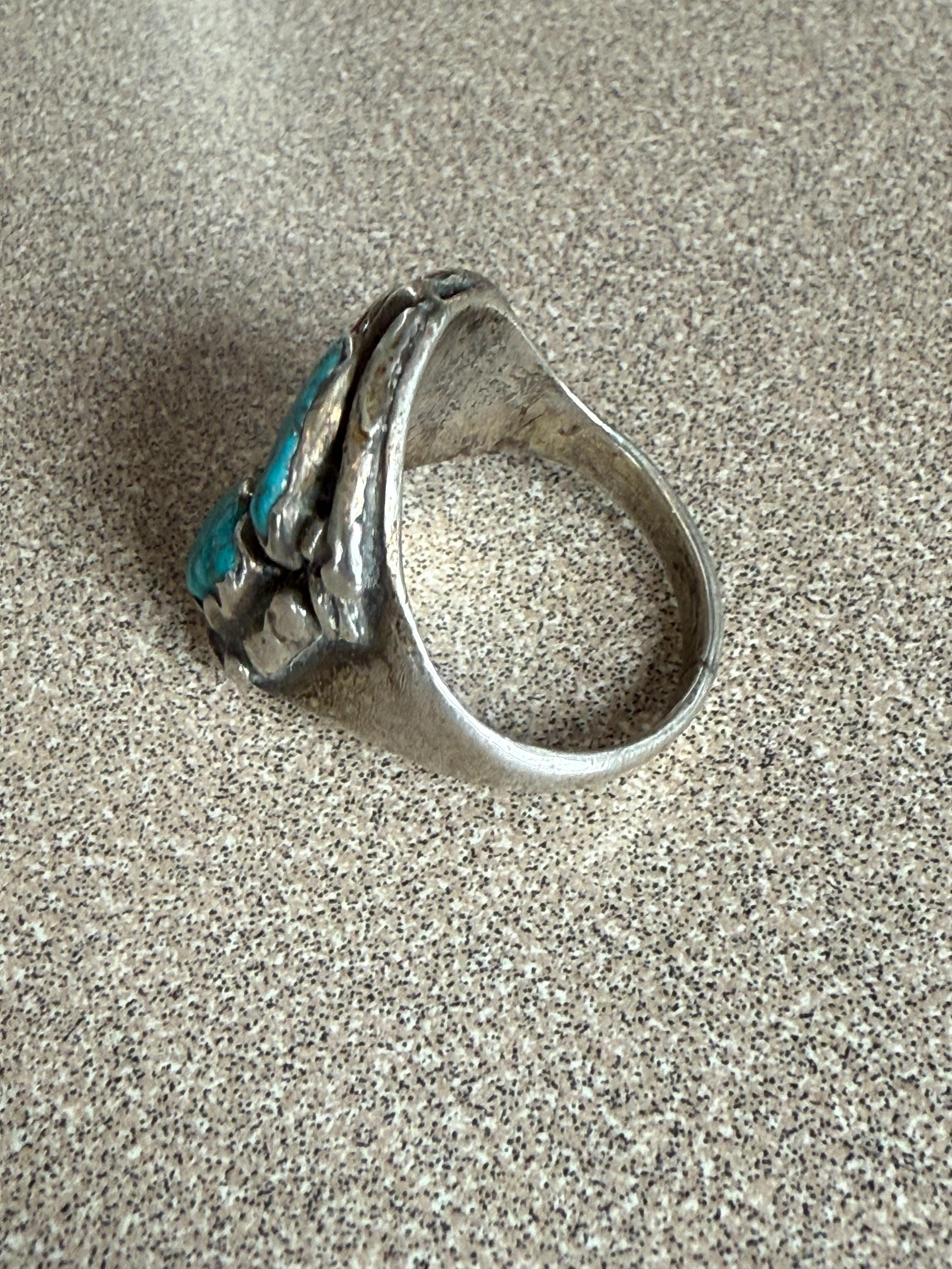 Vintage Mens or Ladies Large Native American Turquoise and Coral Sterling Ring Size 12
