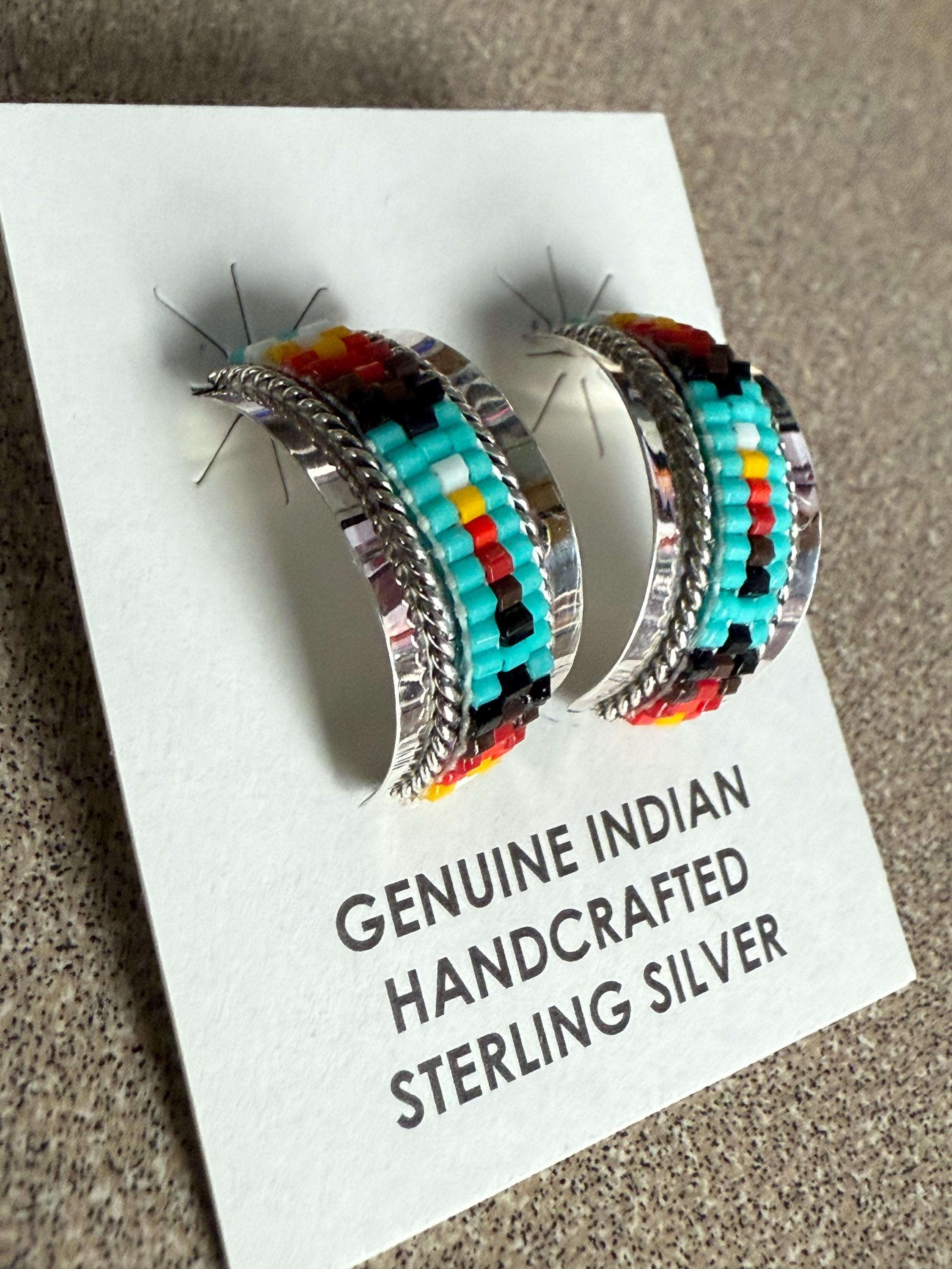 Native American Artist Designed Sterling Silver Turquoise Multi Stone Post Earrings Lucille Romone