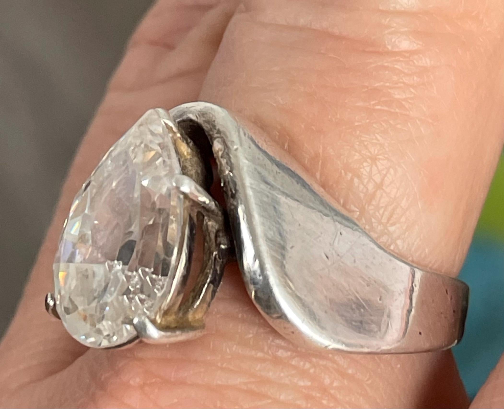 Unique Vintage Artist Signed "ASPO" Ladies Clear Topaz Tear Drop Sterling Silver Modernist Ring Size 9