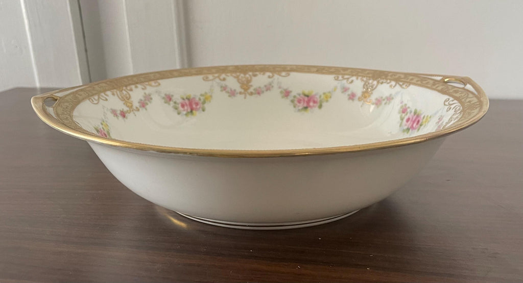 Antique Hand Painted Nippon Rose and Raised Gold Double Handle Serving Bowl