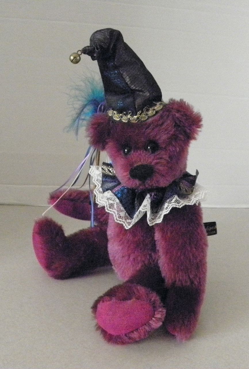 Jointed Fuzzy Jester Red/Burgundy Artist Donna Hodges Mohair Teddy Bear 13"