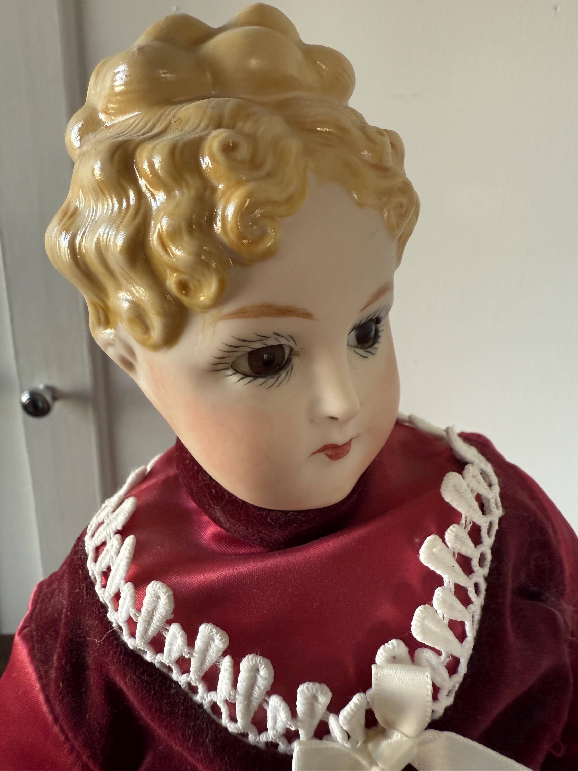 Antique 21" German Parian China Head doll Reproduction with Handmade Ruby Velvet and  Lace Dress Brown Glass Eyes