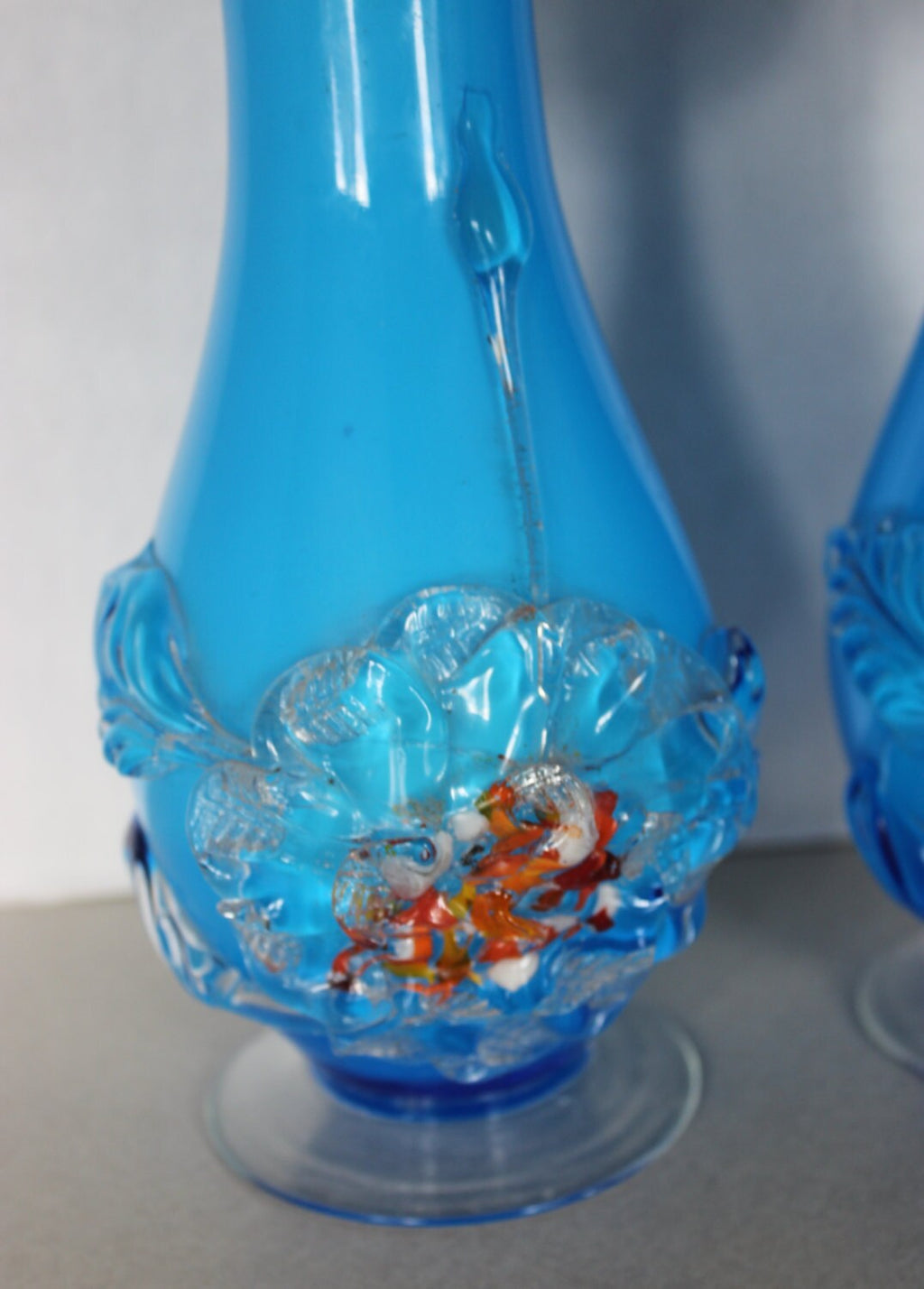 Rare Vintage Pair of Blue Stevens & Williams Hand Blown Vases w Ruffle Tops