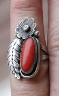 Handmade Native American Sterling Silver and Coral Ring Size 6 1/2