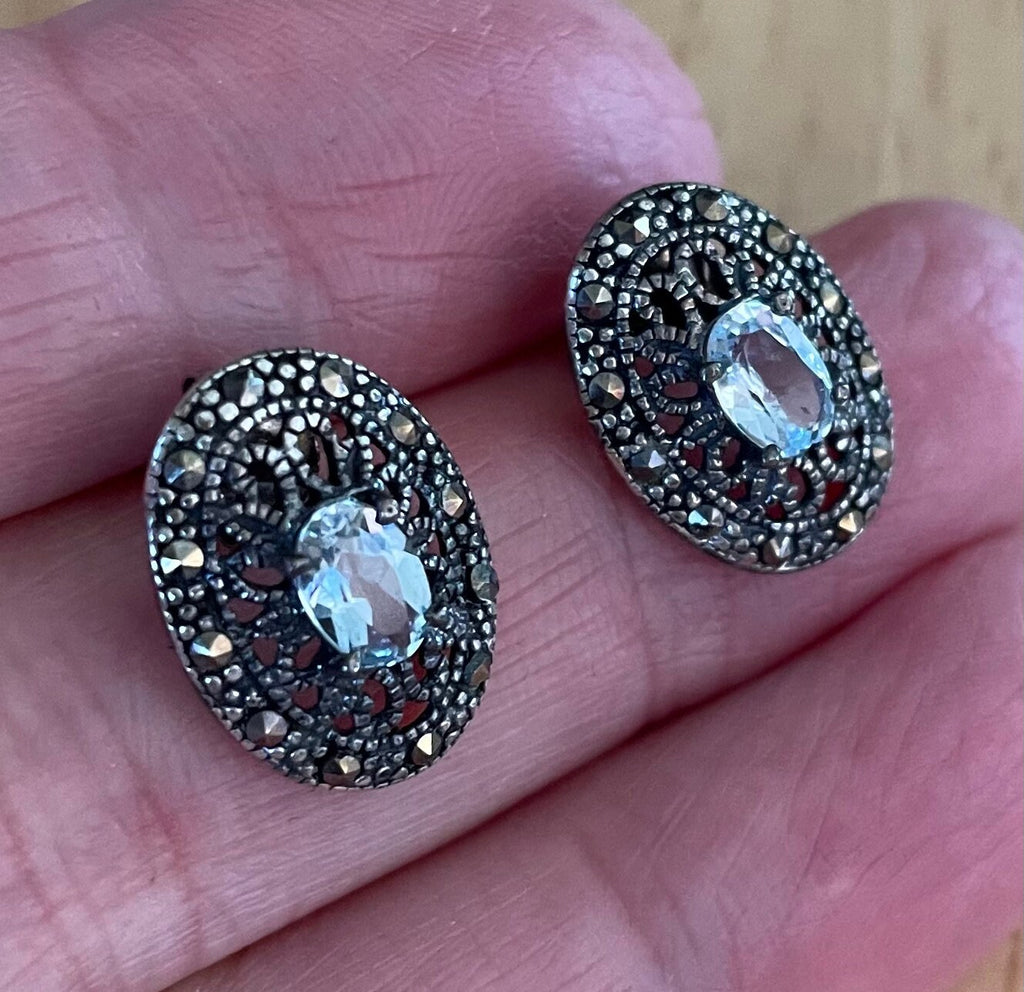 Sterling Silver Marcasite and Aquamarine Stone Post Earrings Artist signed JC