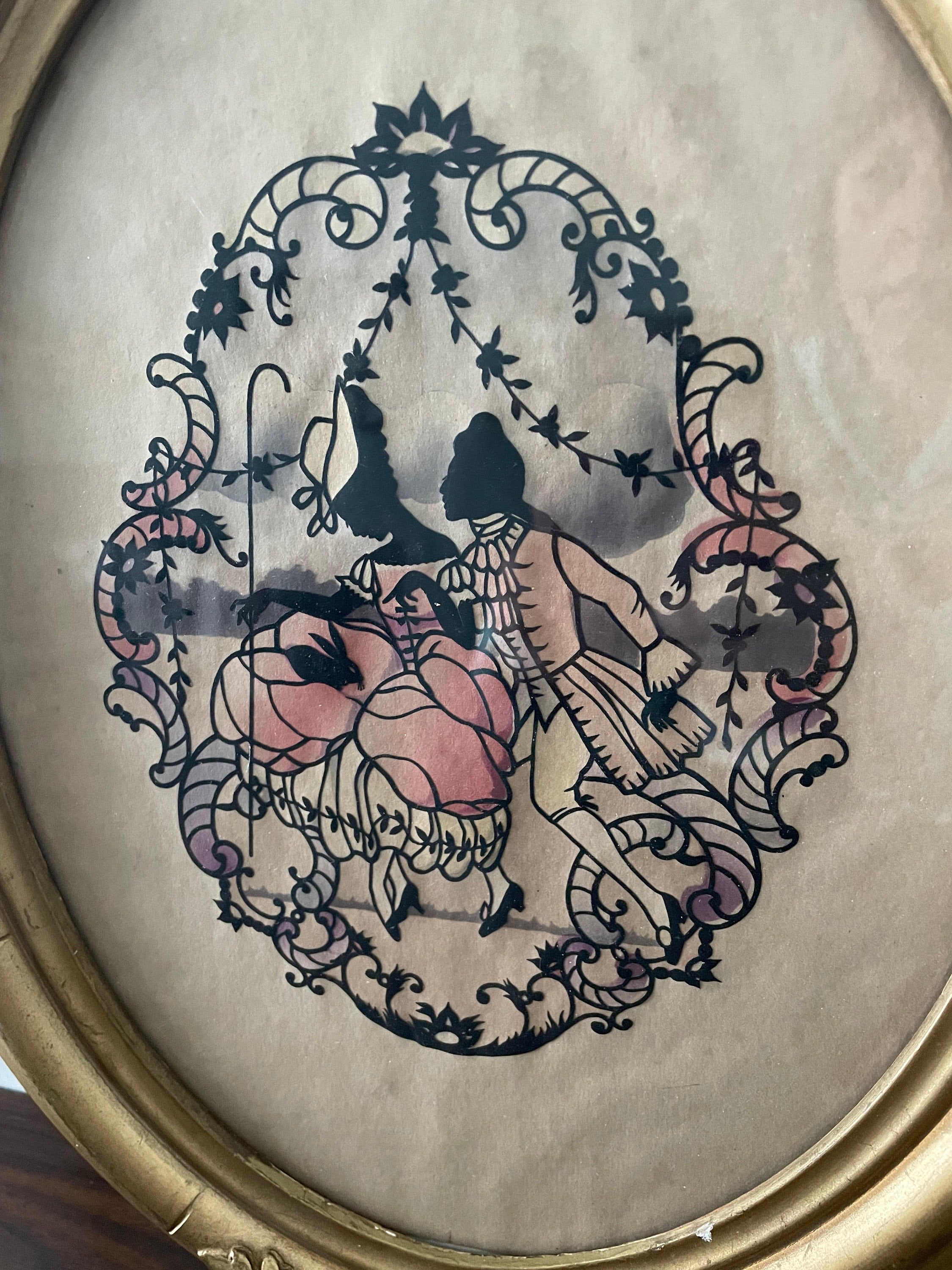 Beautiful Unique Oval Vintage Victorian Lovers Silhouette Picture with Gold Guilt Frame