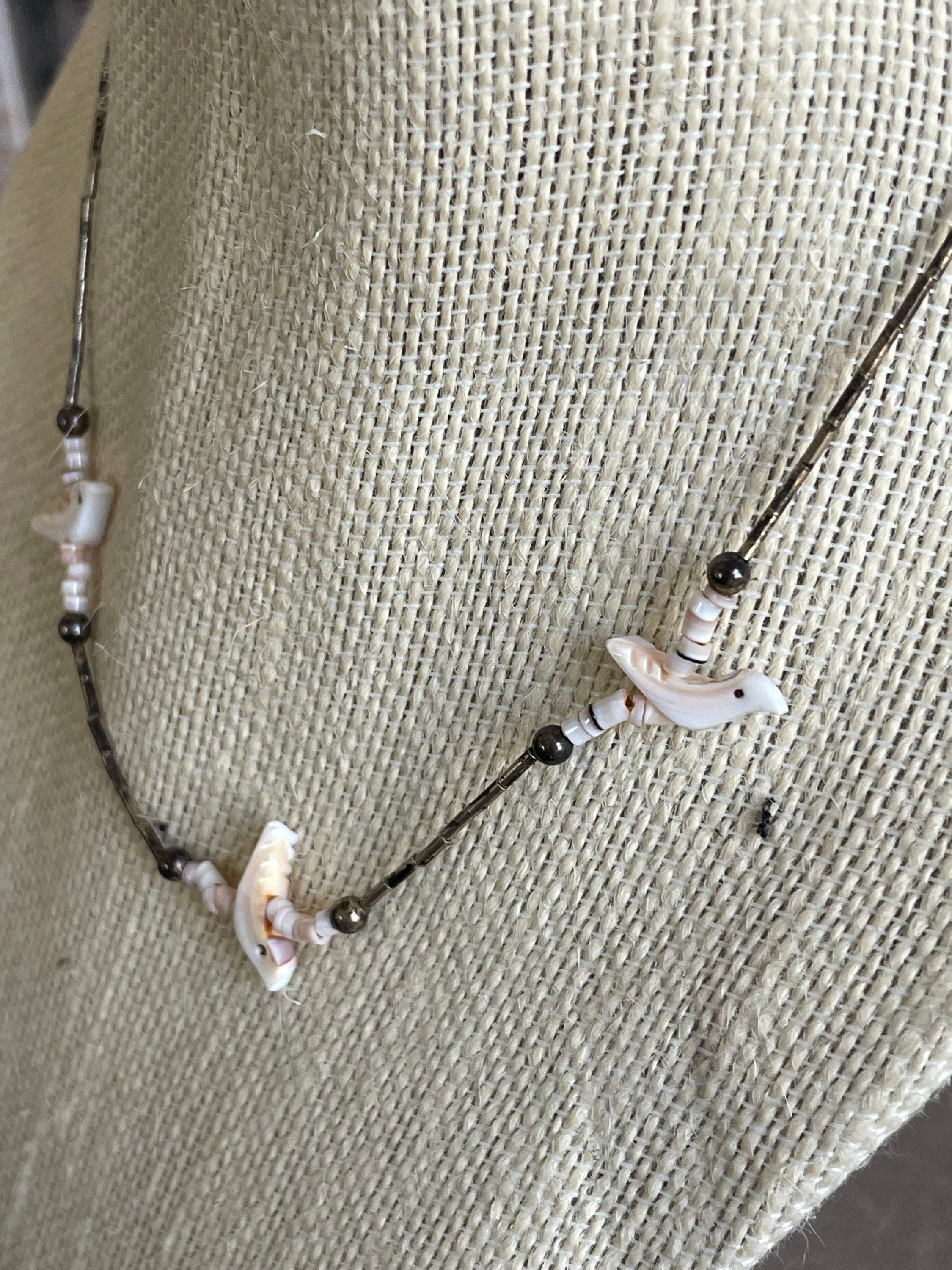 Vintage Sterling Silver Beaded Carved Shell Birds Fetish Necklace