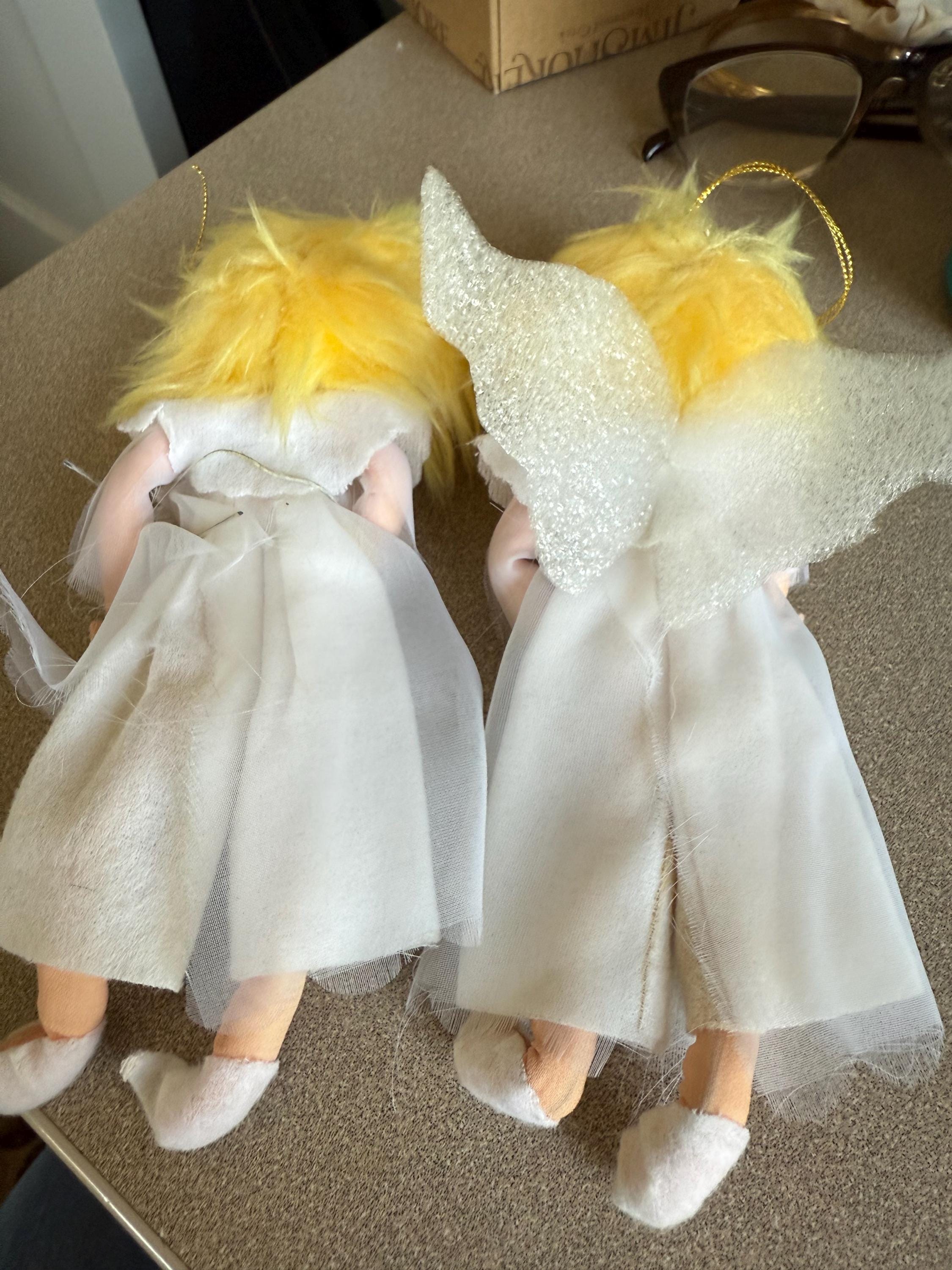 RARE Vintage Angel Pixie Christmas Tree Ornaments Lot of 2 Cloth with White
