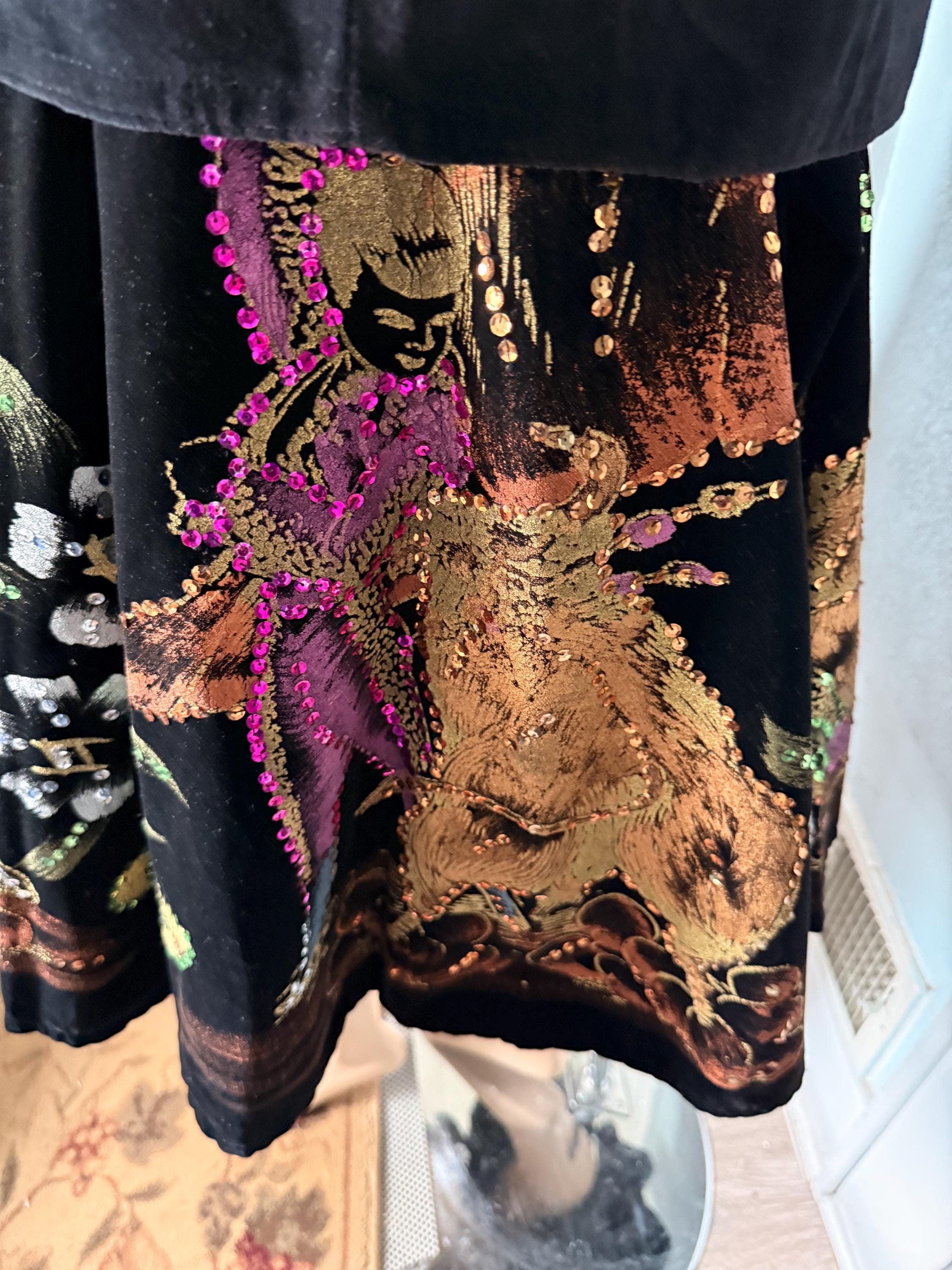 Stunning Bull Fighter 1950's Mexican Black Velvet Sequin Hand Painted Dress Circle Skirt with Top