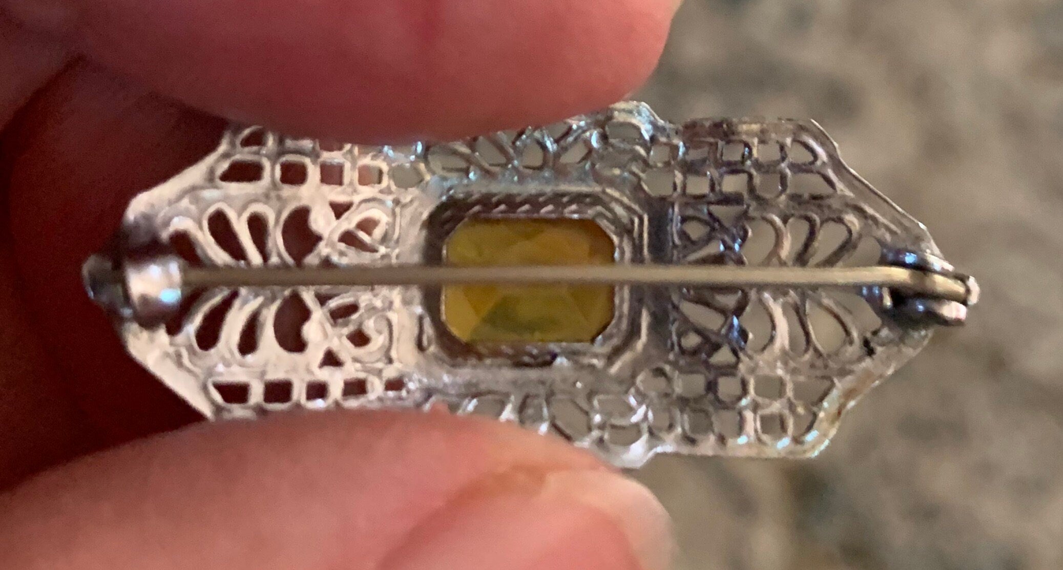 Antique Sterling Silver and Citrine Stone Deco Brooch Pin