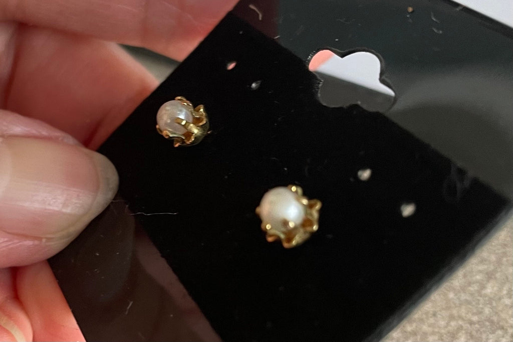Vintage Petite Delicate Genuine Pearl 14k G.F Gold Post Earrings Holiday Gift for Her or Him