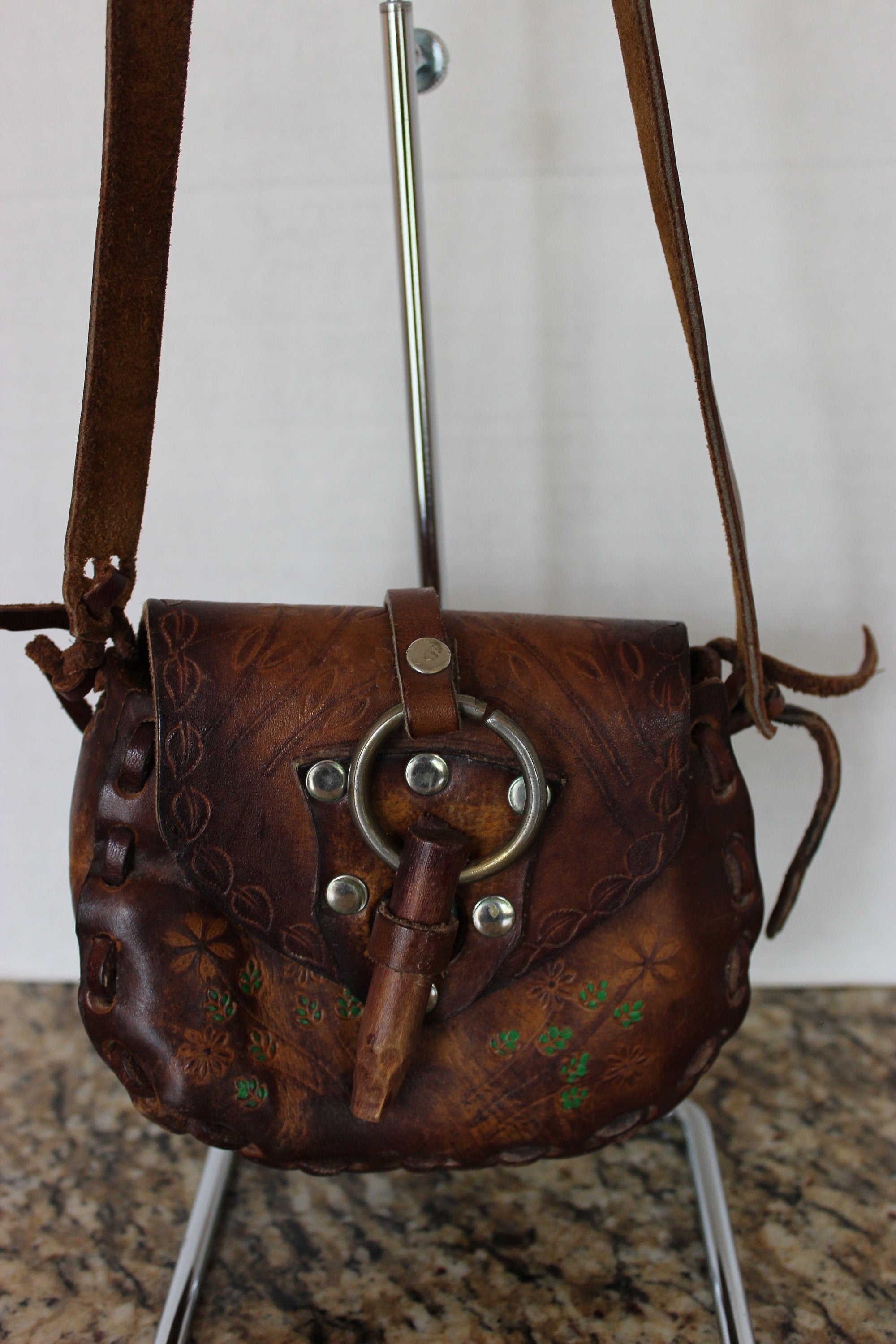Small Children's Vintage Hand Tooled Leather 1960's BOHO Hippy Purse