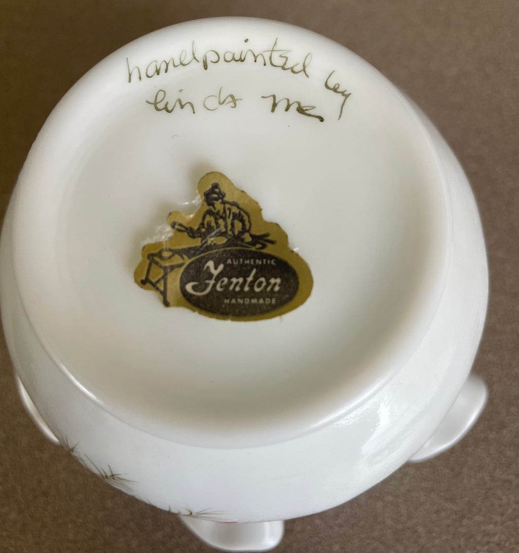Vintage Fenton White Milk Glass Ruffle Bowl with Hand Painted Cardinal Bird Artist Signed Original Tag