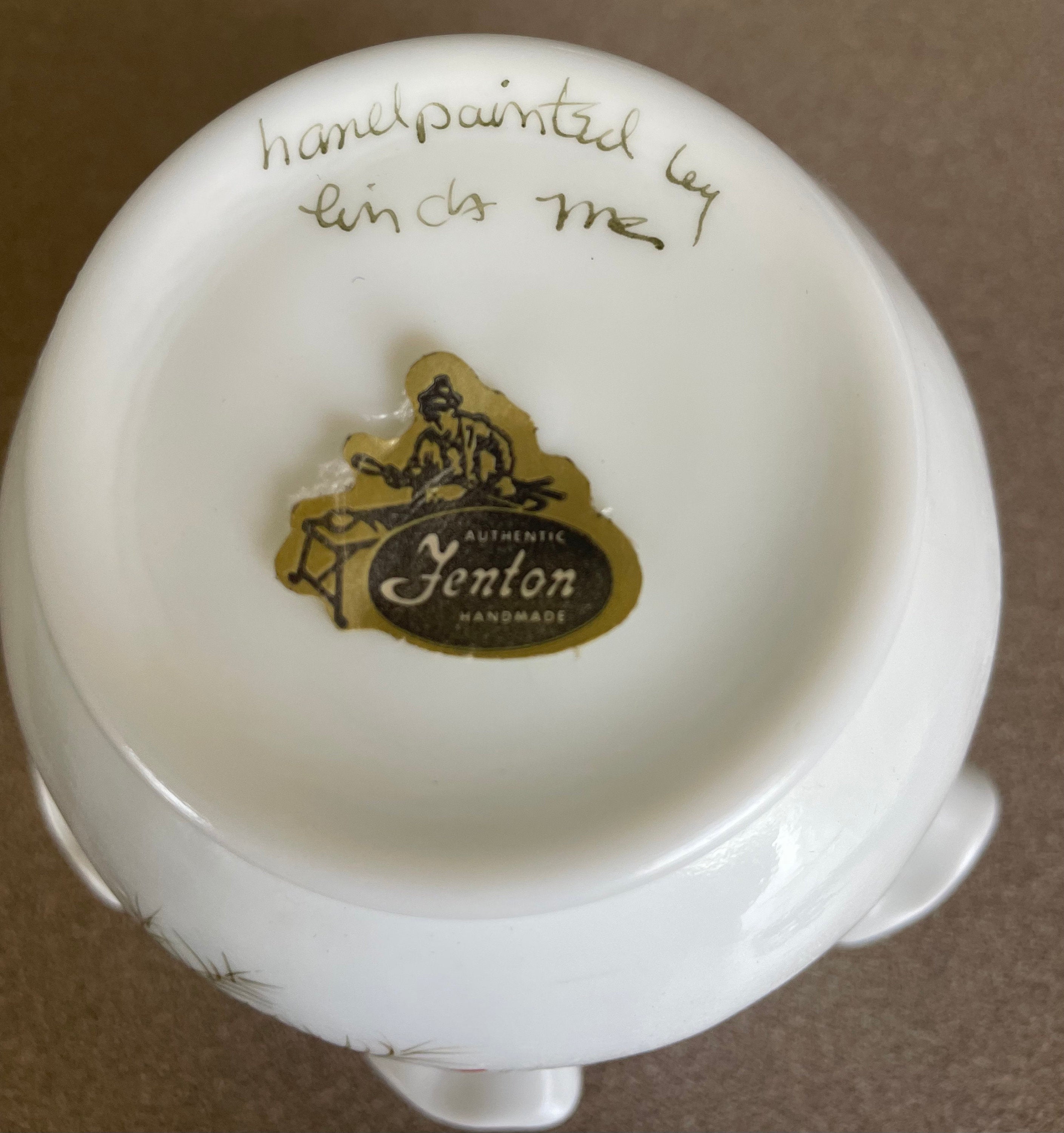 Vintage Fenton White Milk Glass Ruffle Bowl with Hand Painted Cardinal Bird Artist Signed Original Tag