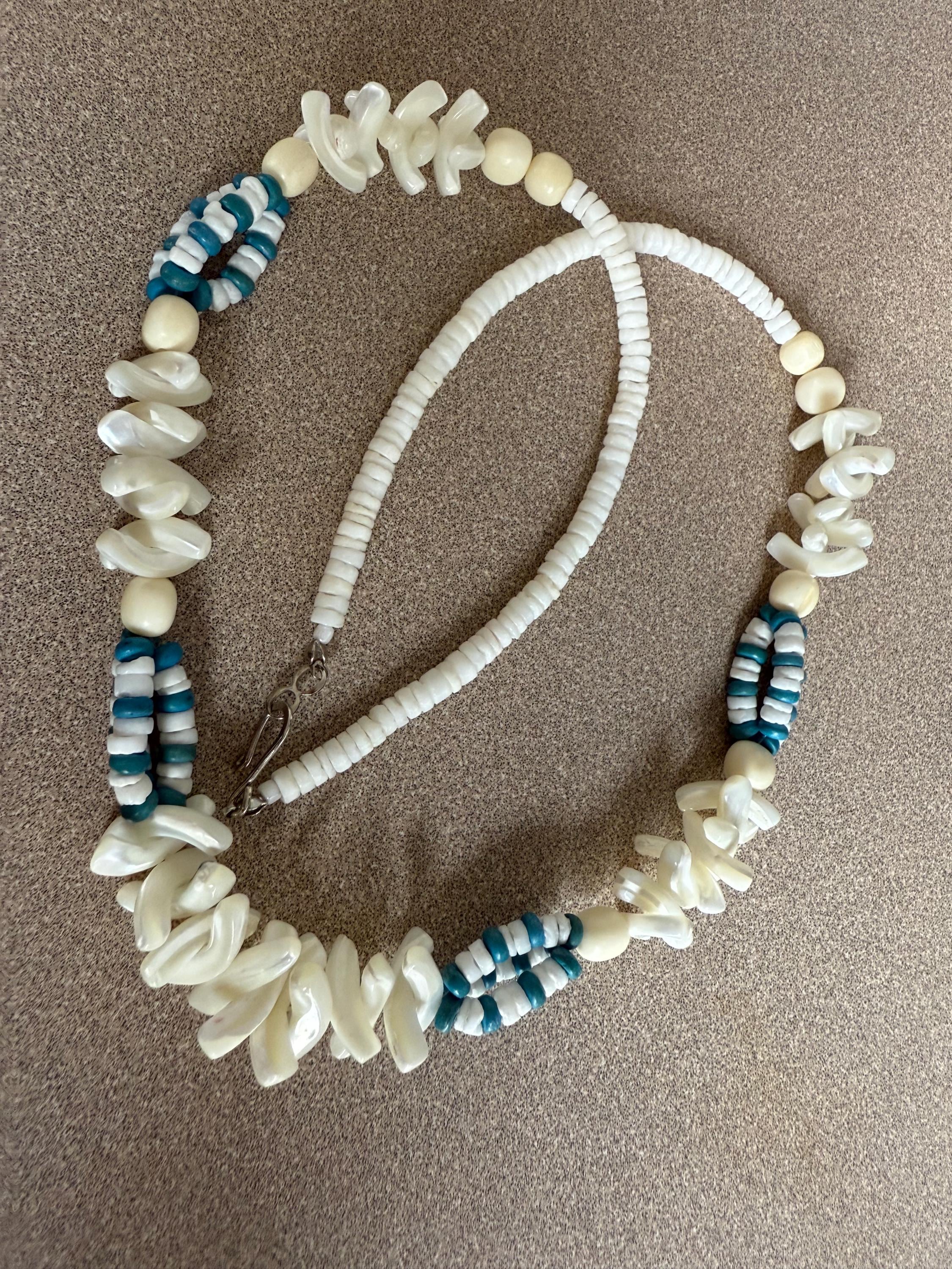Vintage Blue and White Abalone Mother of Pearl and Puka Shell Necklace