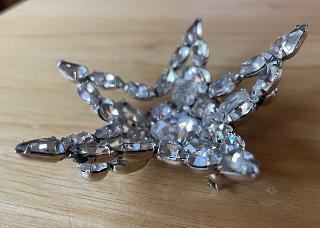 Huge Signed Kramer Rhinestone Domed Star Brooch Pin and Starburst Clip Earrings