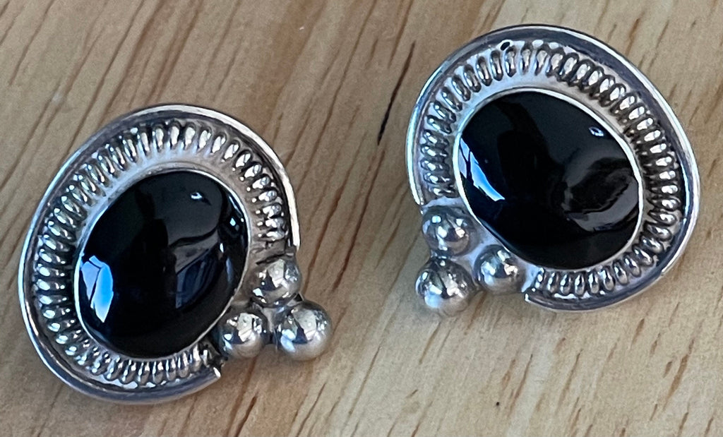 Vintage Taxco Mexico Sterling Silver Earrrings with Black Onyx