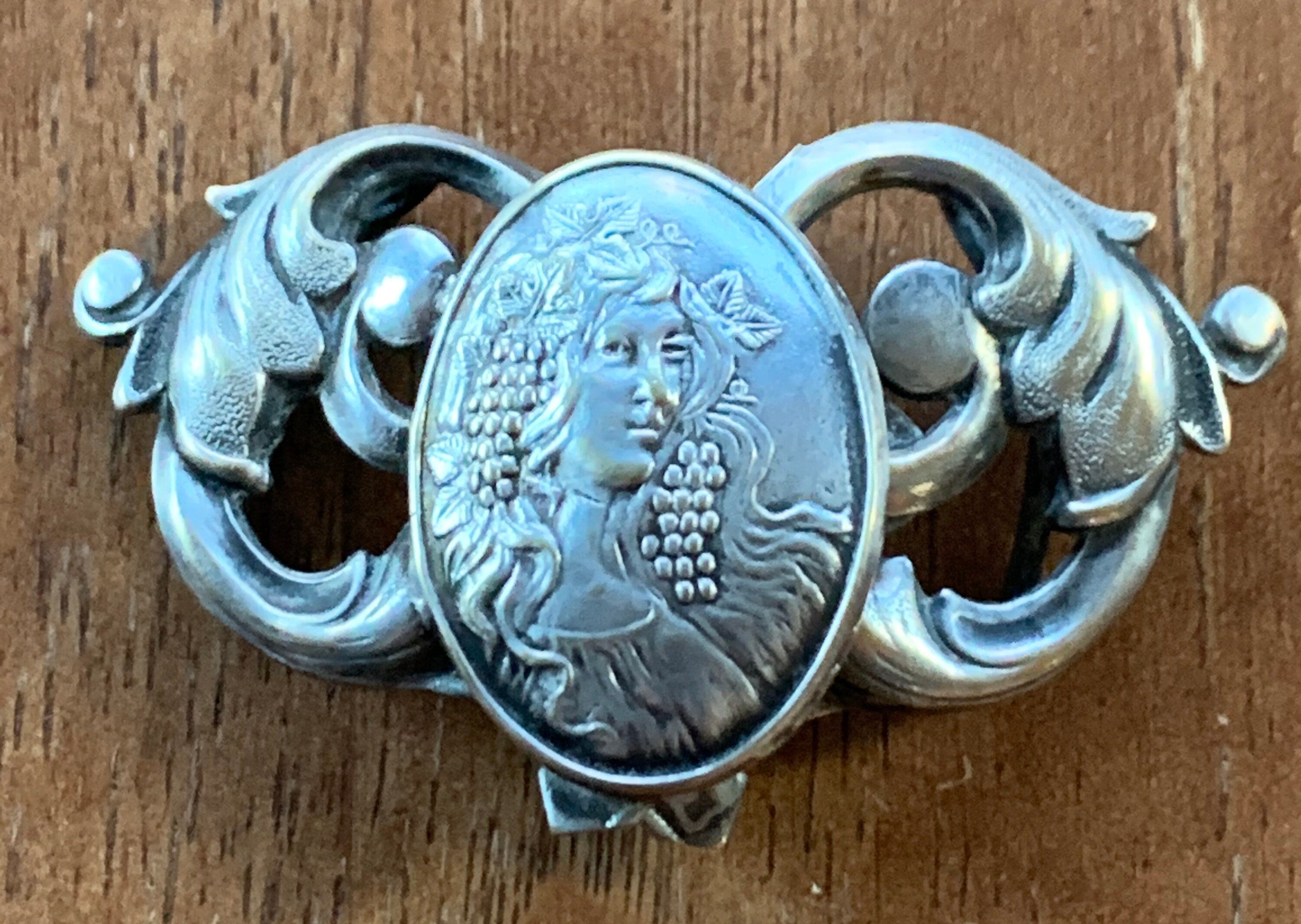 Antique Art Nouveau Sculptural  Sterling Silver Cameo Belt Buckle Signed and Dated