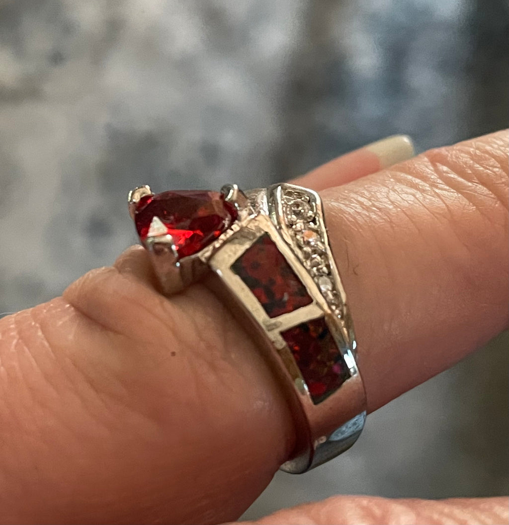 Vintage Sterling Silver Garnet Faux Opal and Clear Topaz Ring Size 6