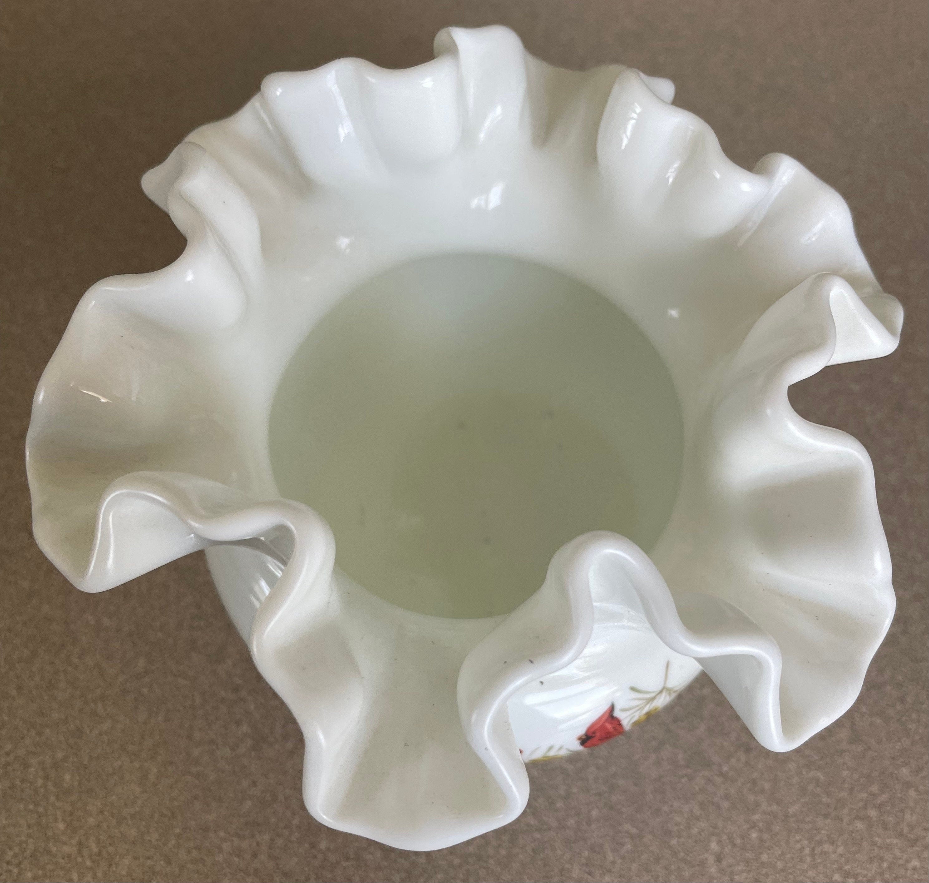 Vintage Fenton White Milk Glass Ruffle Bowl with Hand Painted Cardinal Bird Artist Signed Original Tag