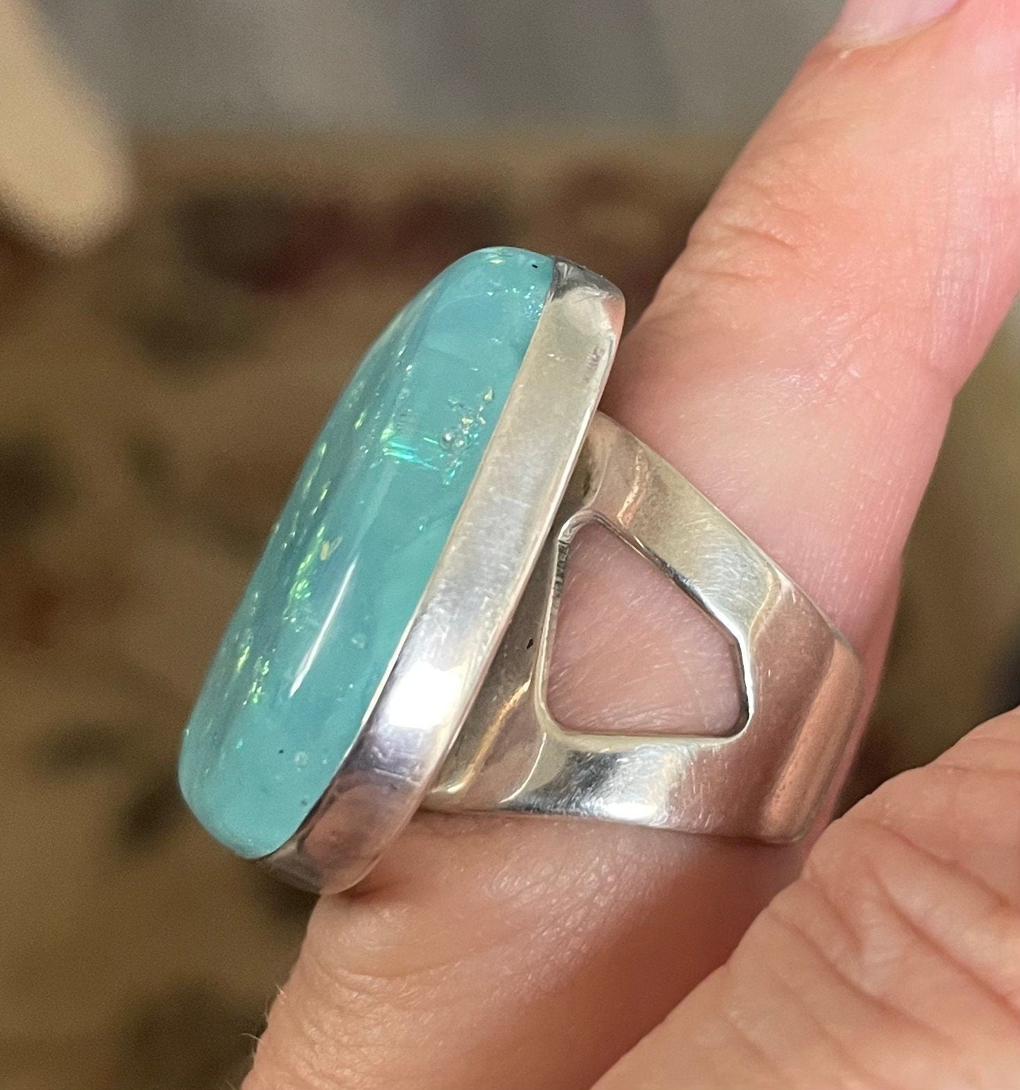 Unique Large Blue and Gold Foil Dichoric Glass Jay King Desert Rose Ring Stamped DTR Size 7