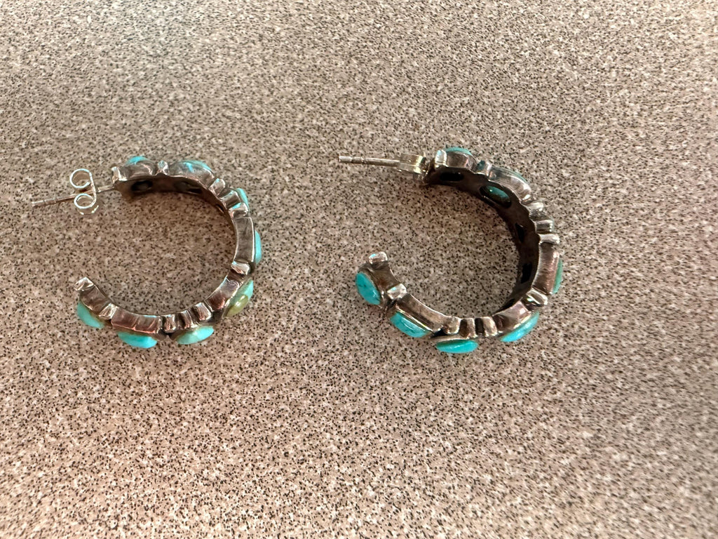 Beautiful Native American Sterling Silver and Turquoise Hoop Round Post Earrings