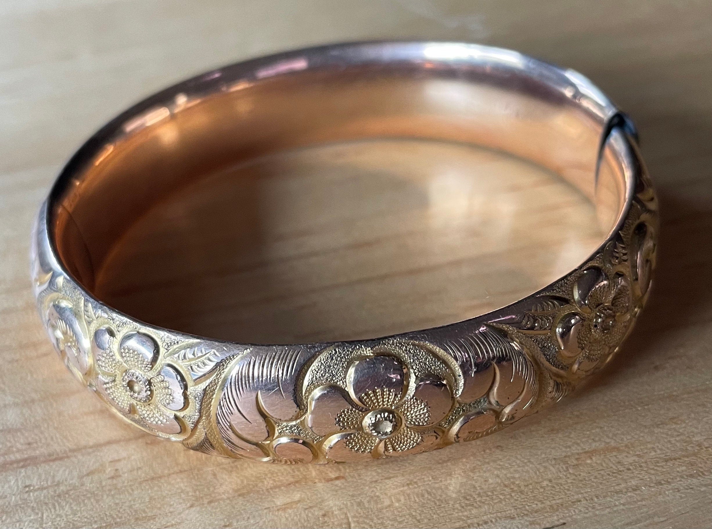 Antique Victorian 12k Gold Filled Hinged Bracelet with Floral Gilt Design
