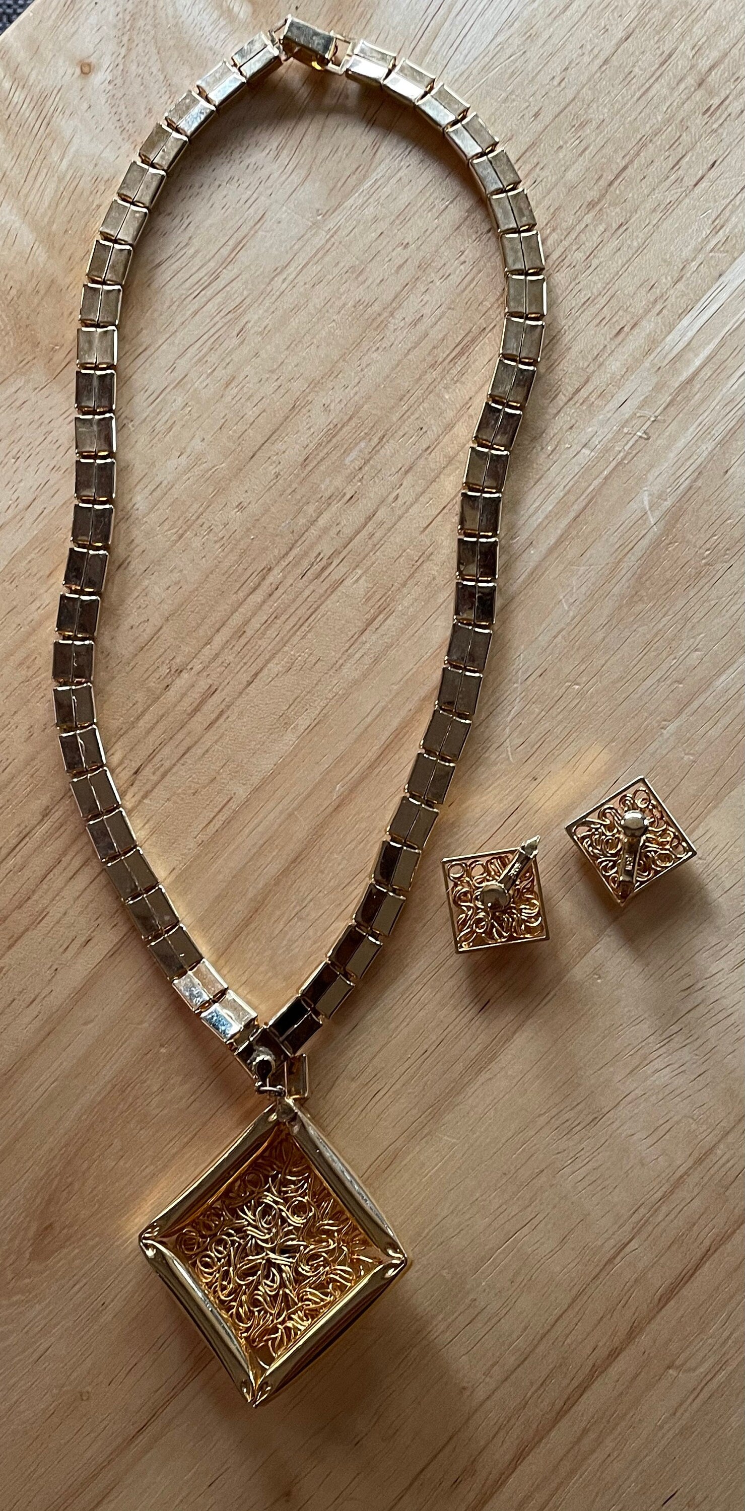 Stunning Signed HOBE Gold and Enamel Necklace and Clip Earrings Set