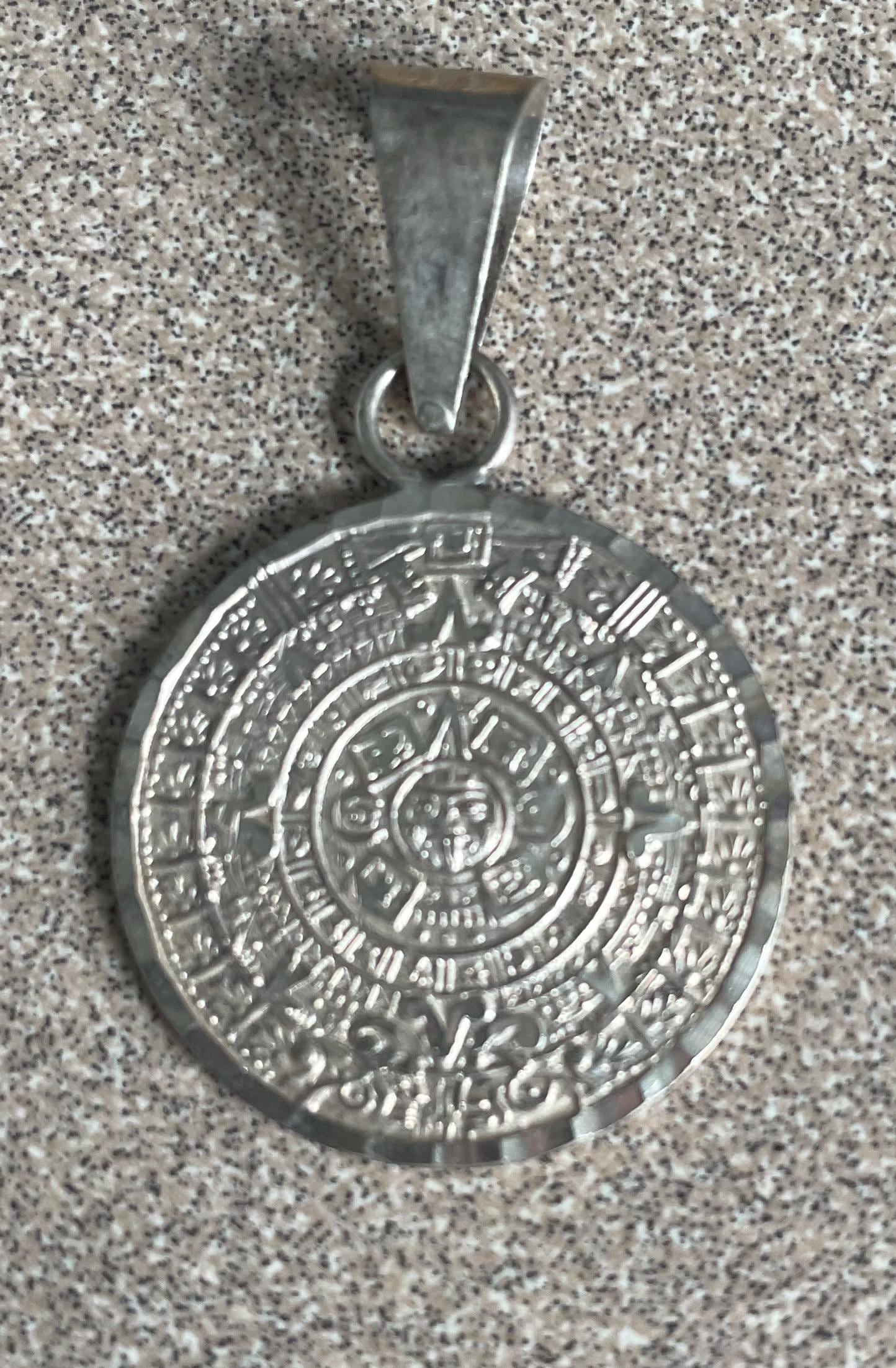 Unique Vintage Antique Taxco Mexico Sterling Silver 925 Sundial Aztec Pendant Necklace