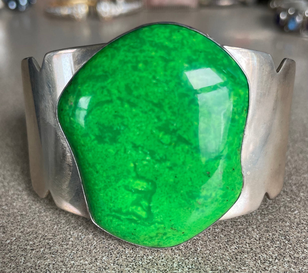 Unique Large Green Turquoise Jay King Desert Rose Cuff Bracelet Stamped DTR