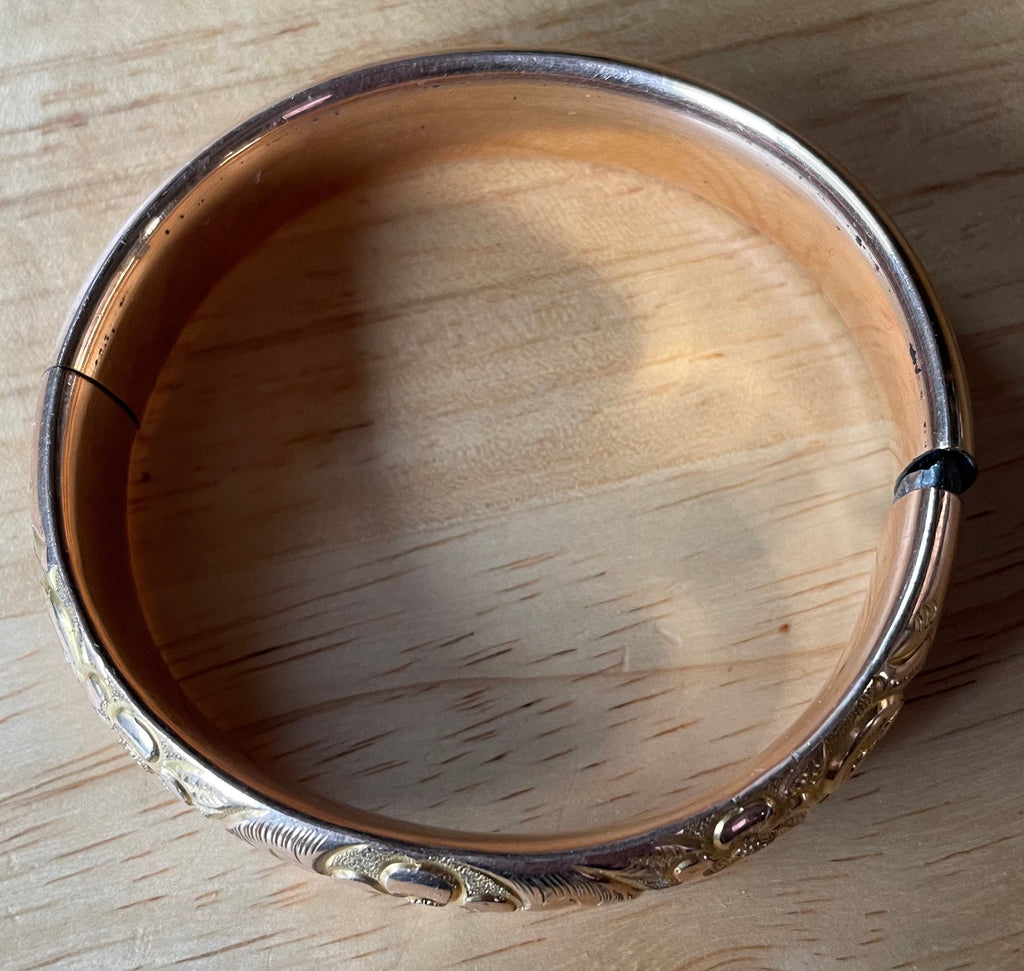 Antique Victorian 12k Gold Filled Hinged Bracelet with Floral Gilt Design