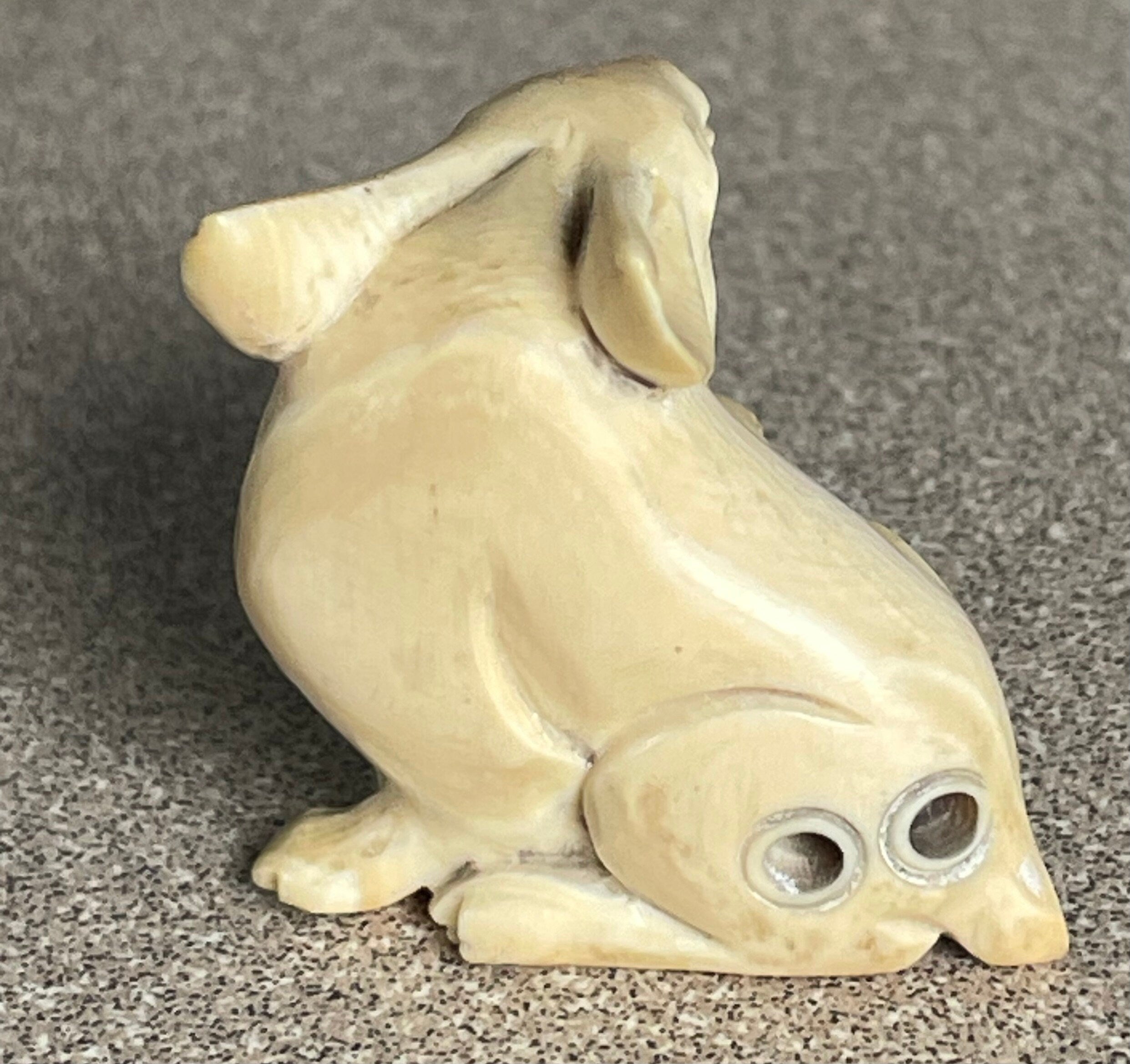 Vintage Japanese Hand Carved Antler Mother Rabbit and Baby Netsuke Artist Signed
