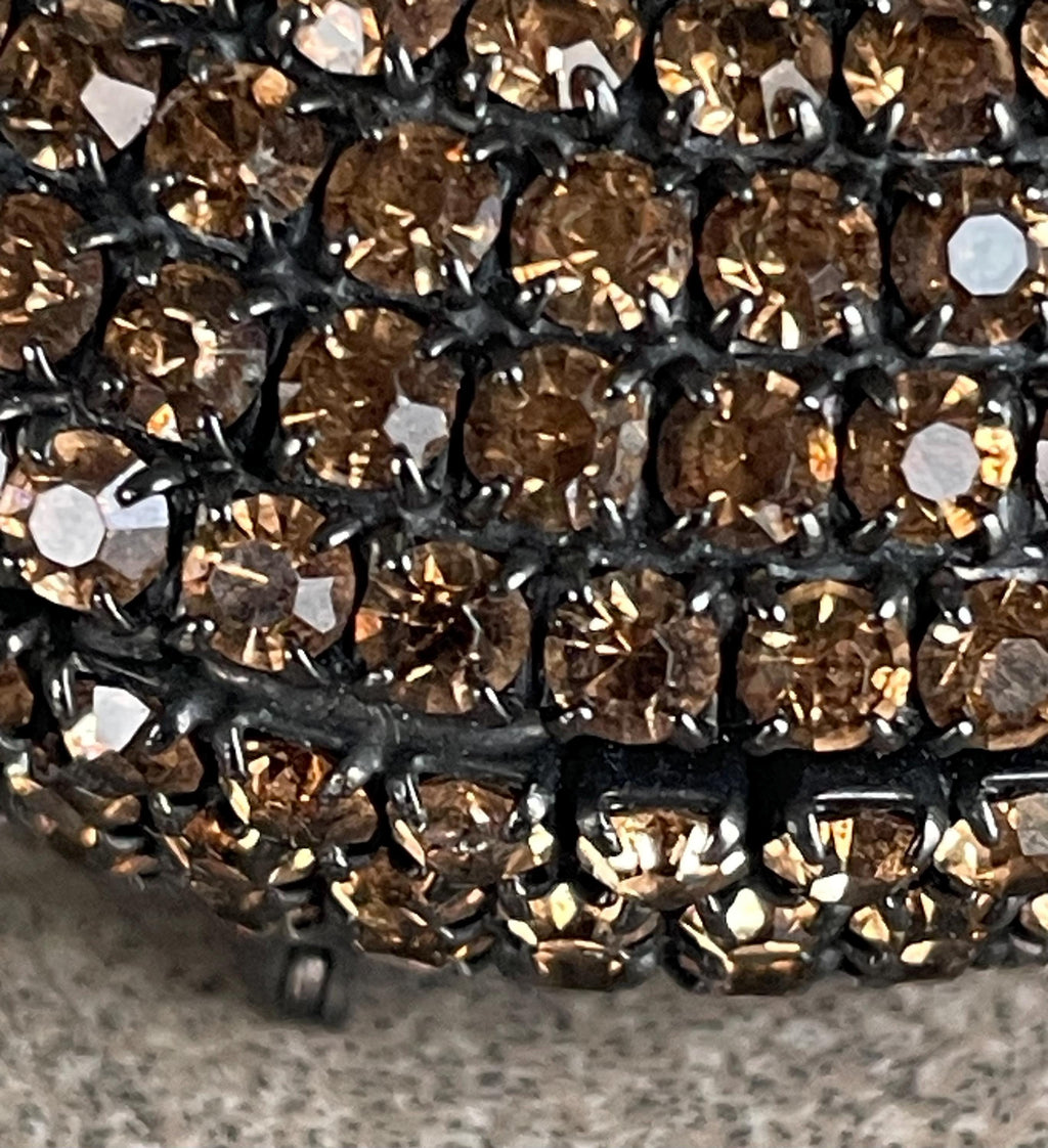 Super Rare Vintage Signed Sandor Hungarian High Layered Domed Rhinestone Encrusted Black Japanned Brooch Pin