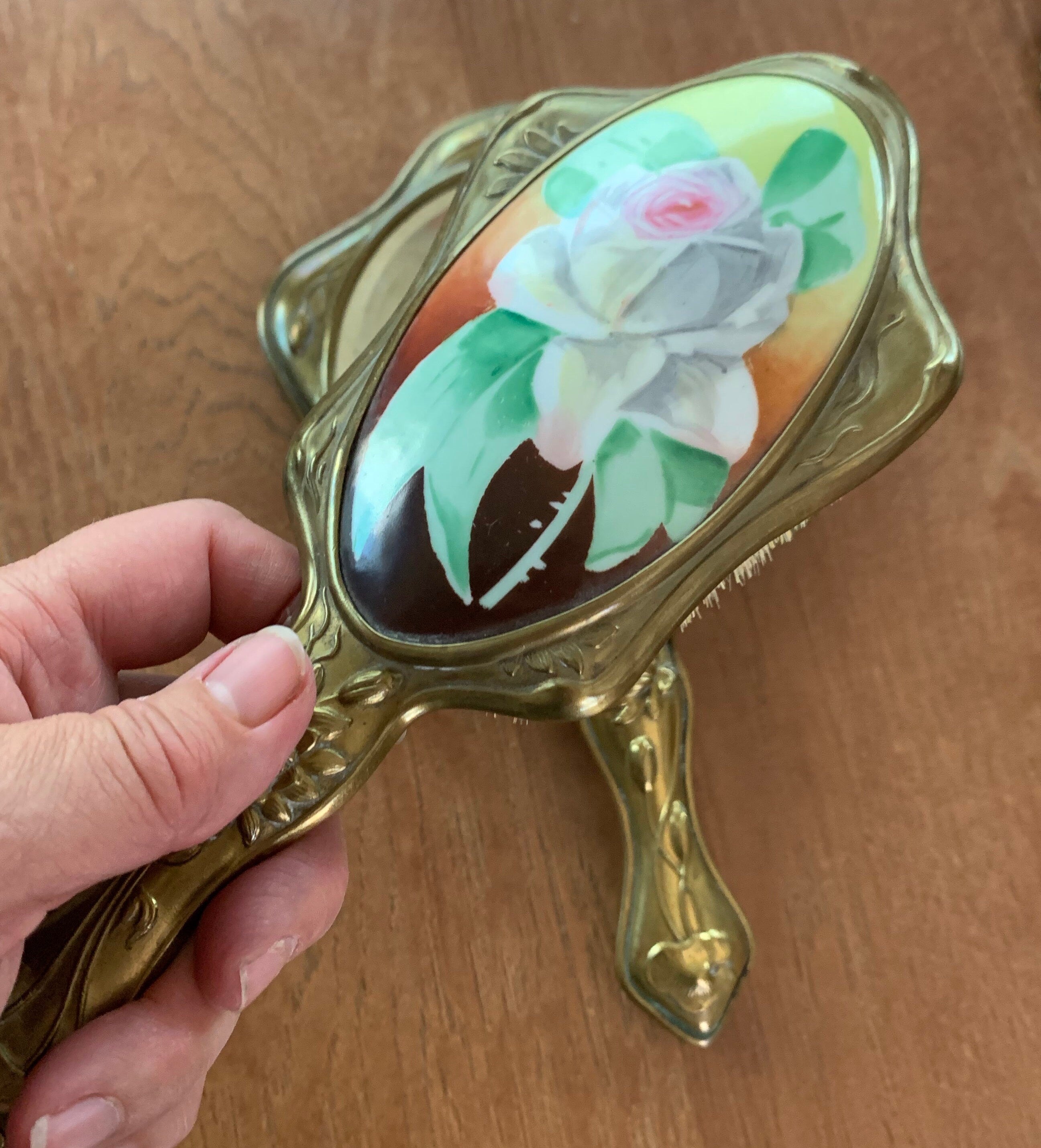 Beautiful Antique Victorian Hair Brush and Mirror with Hand Painted Roses