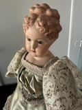 Antique 18" German Parian China Head doll Reproduction with Handmade Satin Green Lace Dress Glass Eyes