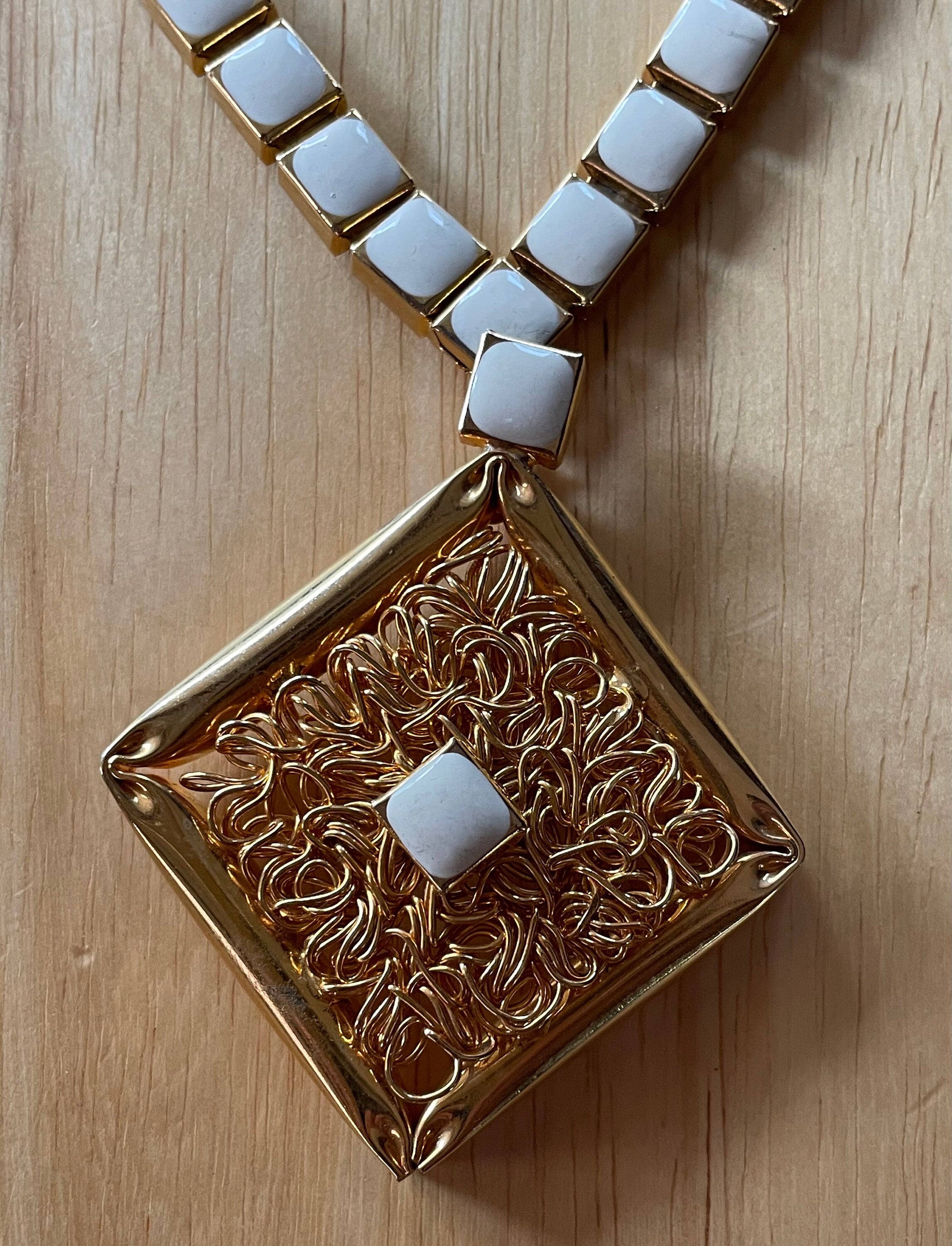 Stunning Signed HOBE Gold and Enamel Necklace and Clip Earrings Set