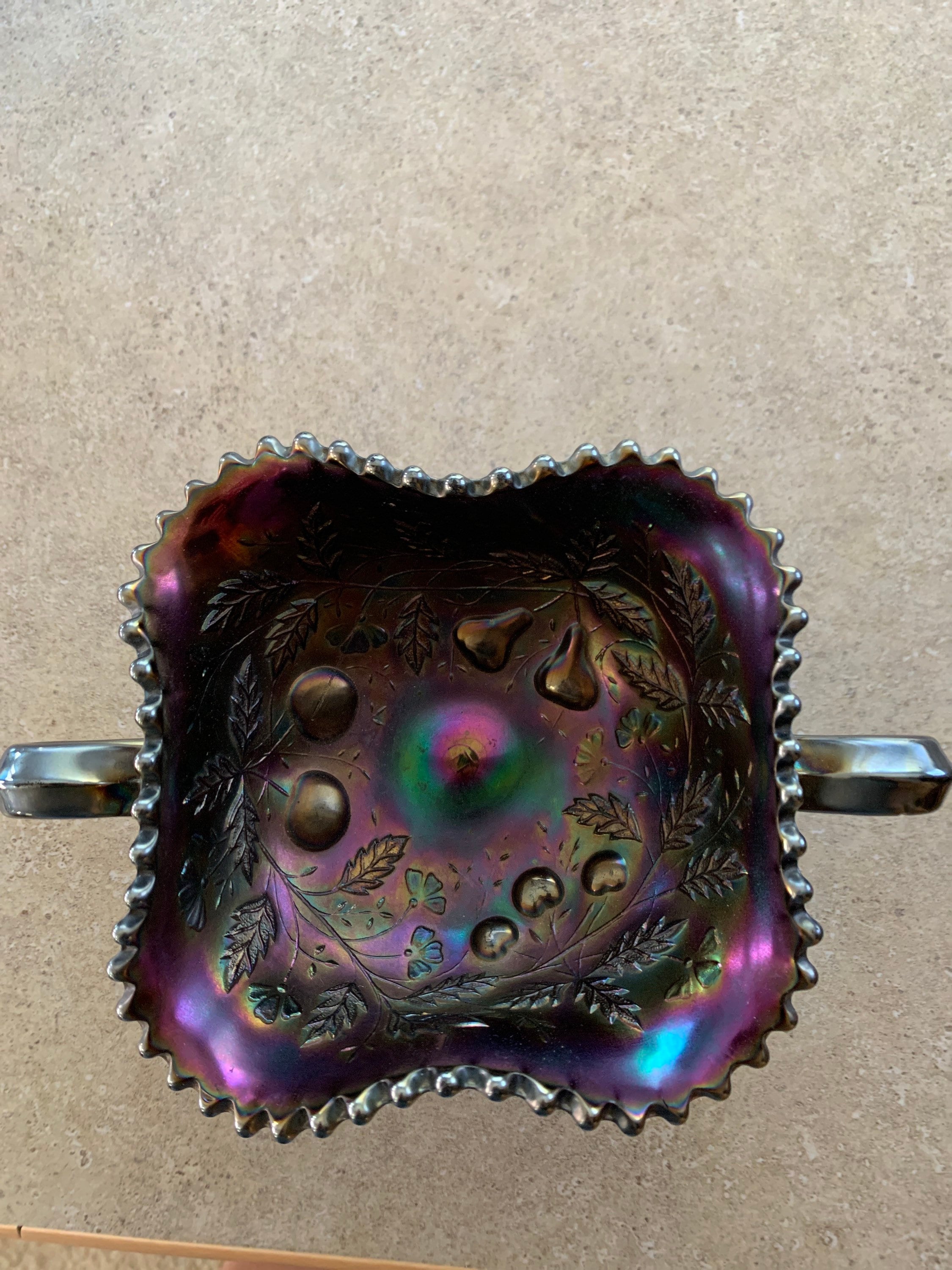 Vintage Northwood Carnival Glass Fruits and flowers Bonbon dish