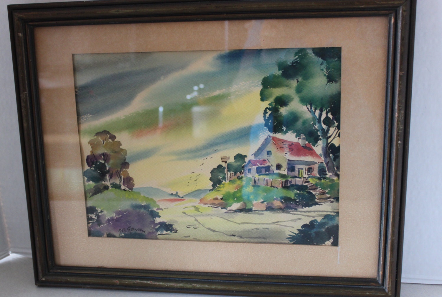 Vintage 40's Signed Watercolor Painting Farm Mountain Cabin Joesph Gavan Disney