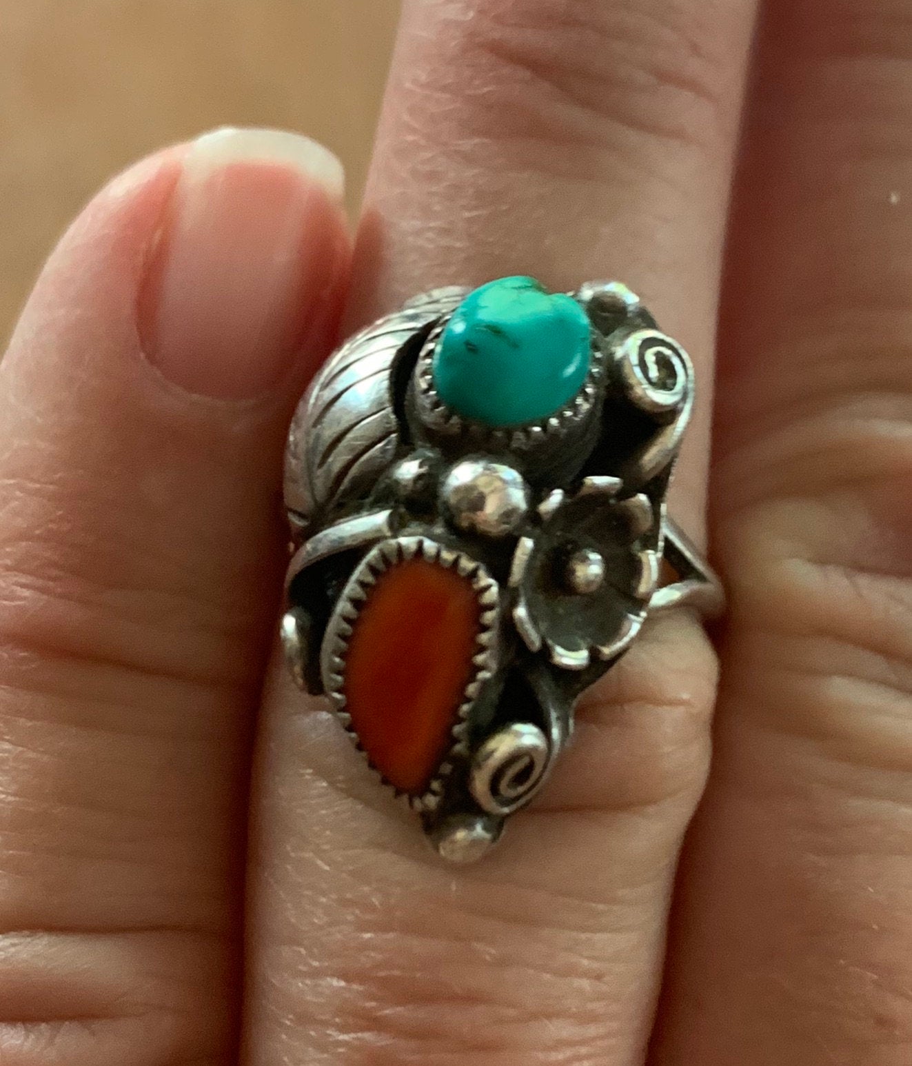 Vintage Artist signed Native American Turquoise and Coral Sterling Ring Size 7