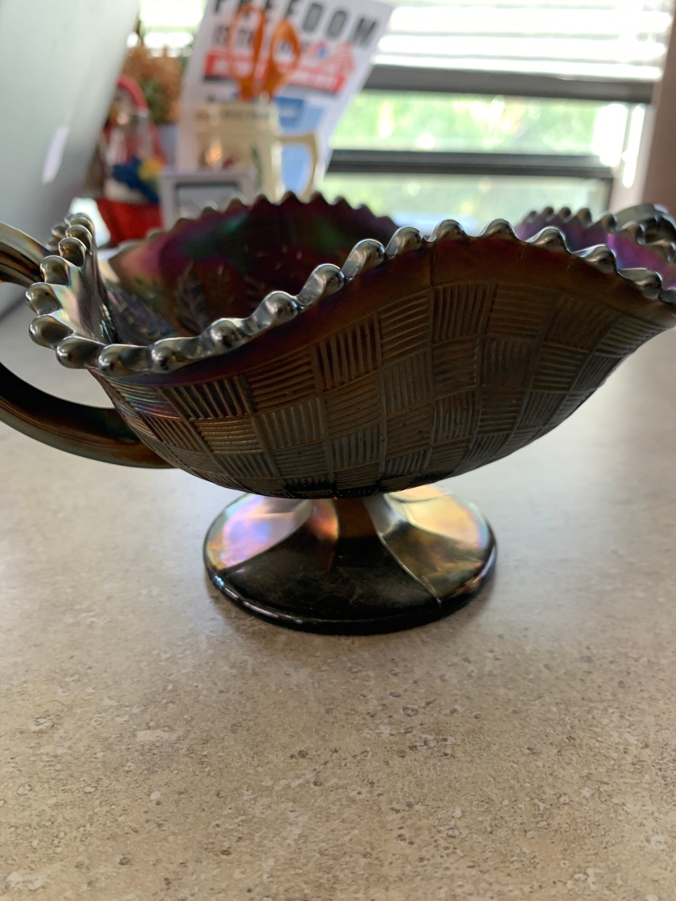 Vintage Northwood Carnival Glass Fruits and flowers Bonbon dish