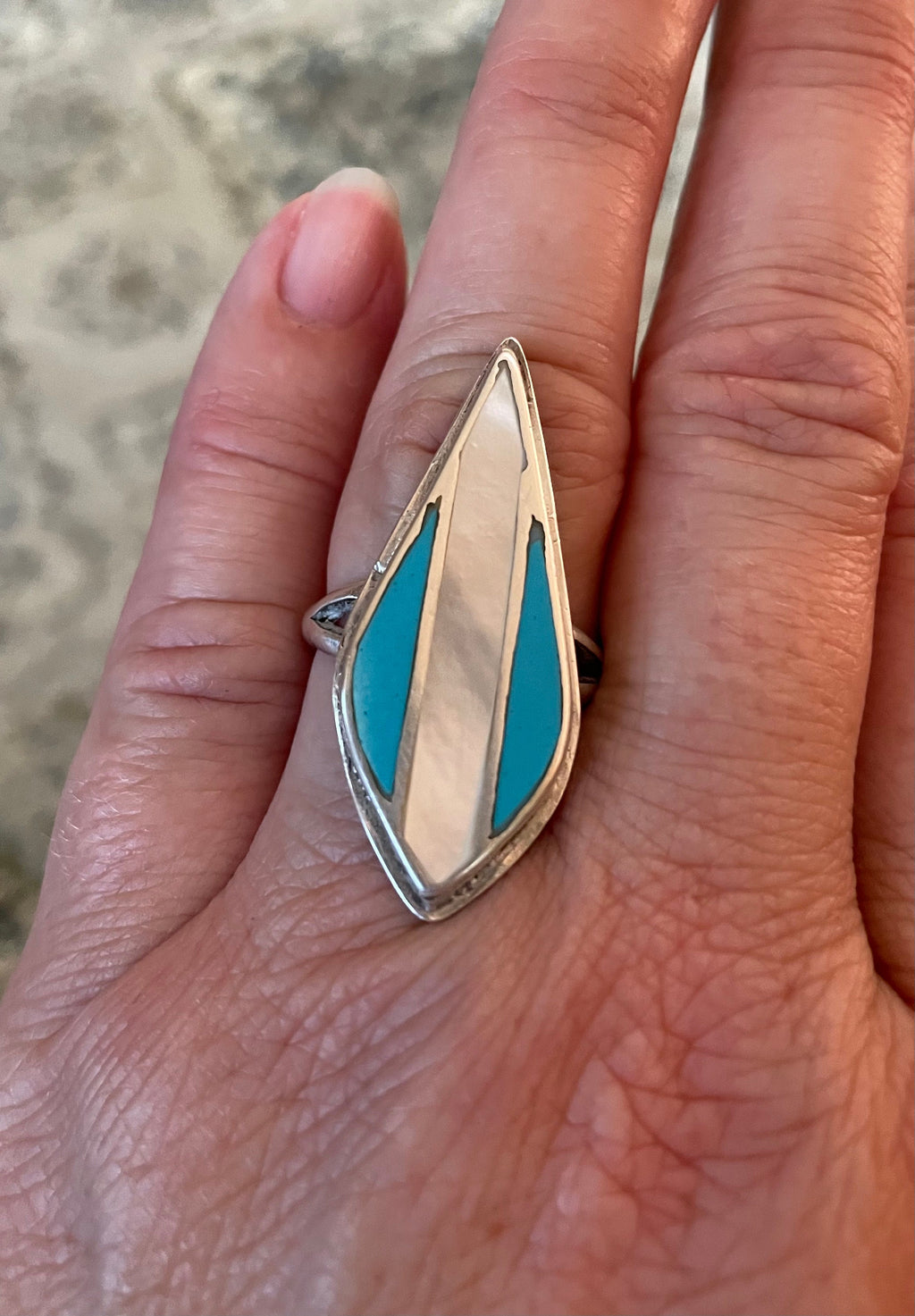 Vintage Artist Signed Native American Ring with Turquoise and Mother of Pearl Size 9