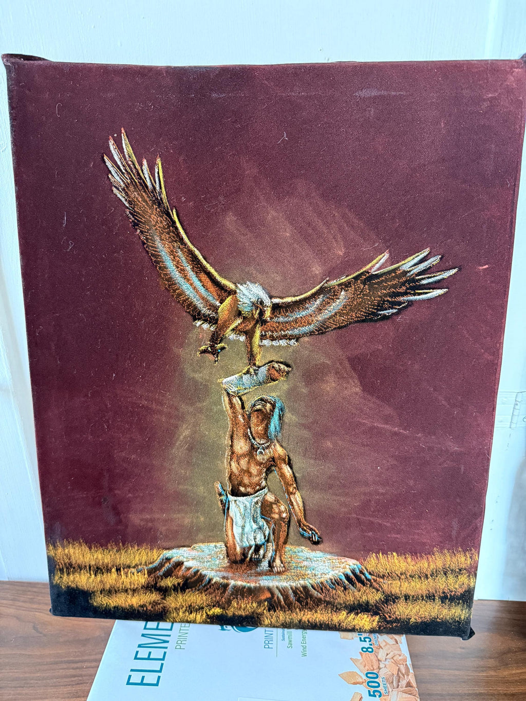 Beautiful Vintage Hand Painted Native American Eagle Landing Picture on Black Velvet 19 1/2 X 16