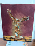 Beautiful Vintage Hand Painted Native American Eagle Landing Picture on Black Velvet 19 1/2 X 16