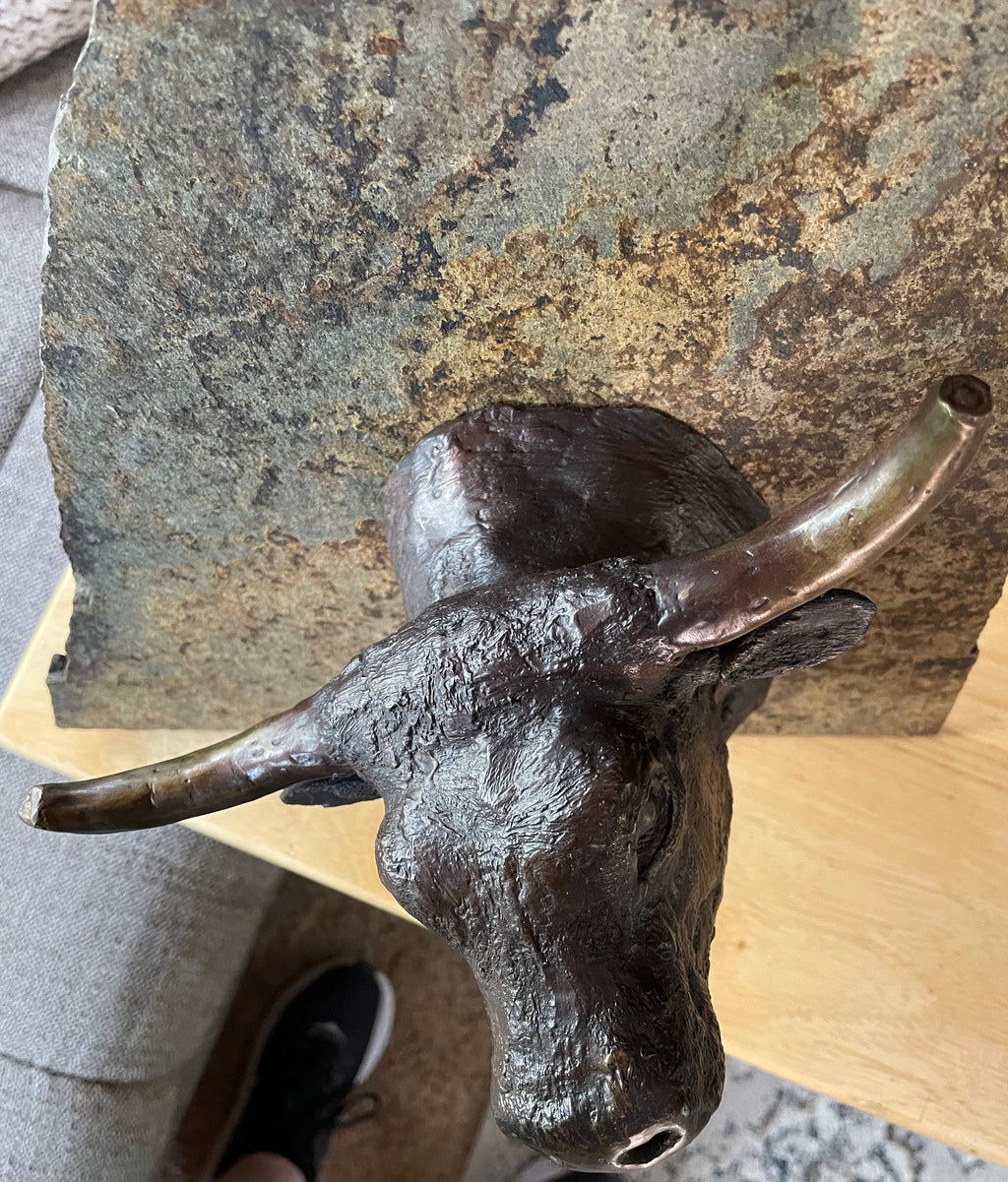 Vintage Artist Designed Solid Bronze Bull Head Attached to Slate Tile